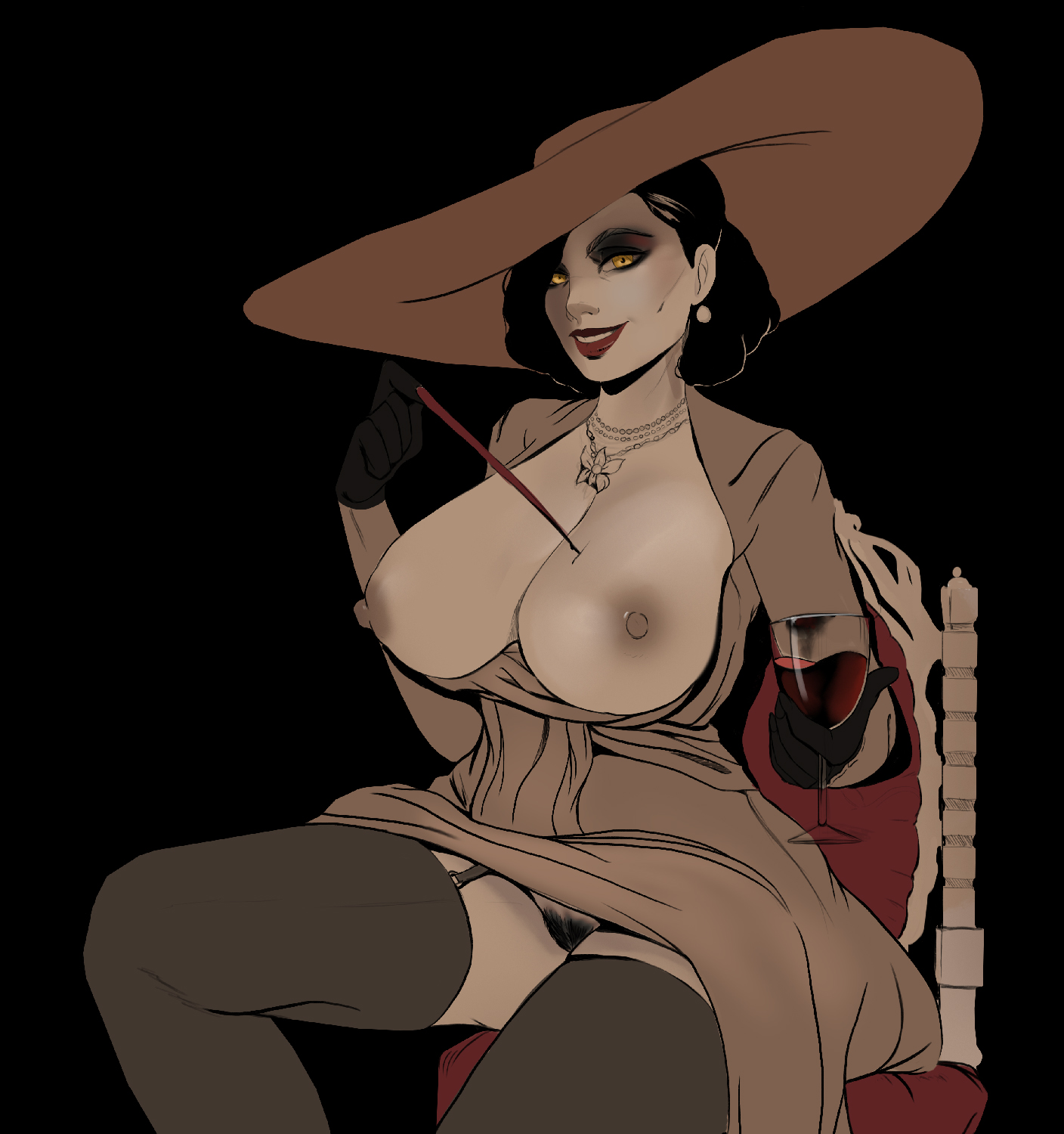alcina dimitrescu, big breasts, breasts, busty, capcom, female, female focus, garter belt, going commando, holymeh, male, pubic hair, pubic hair peek, pussy, resident evil, resident evil 8: village, solo, stockings, tagme, vagina, vampire