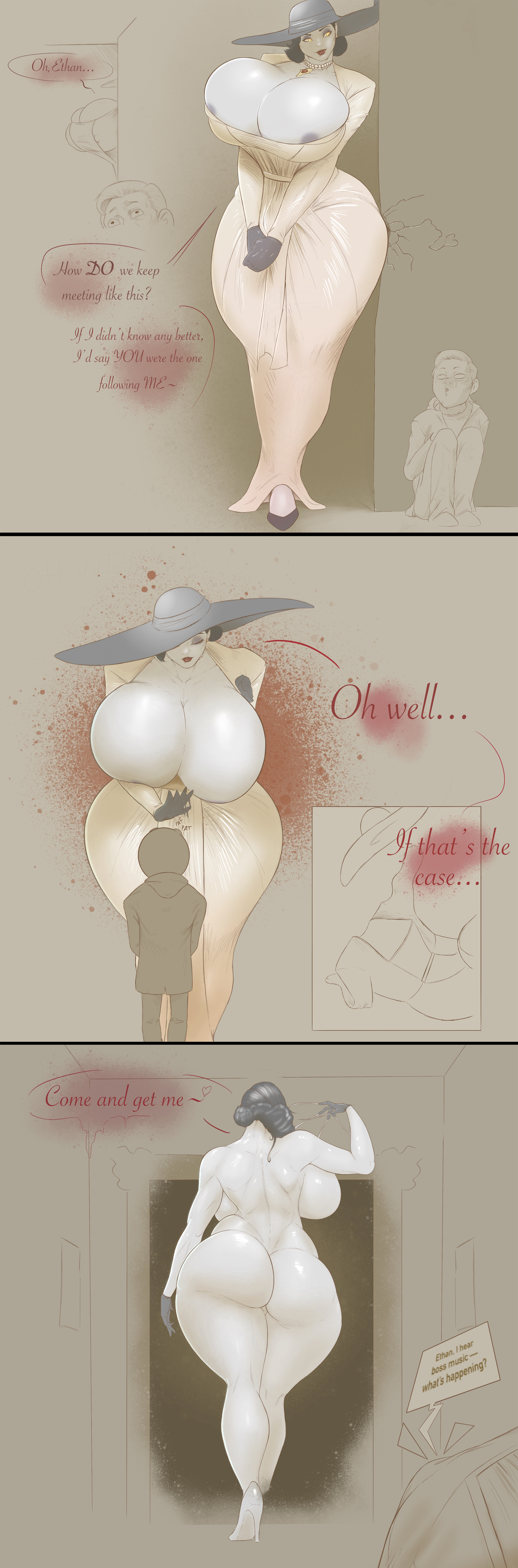 alcina dimitrescu, ass, ass in dress, backboob, breasts, bursting breasts, busty, capcom, claws, cleavage, comic, dress, ethan winters, female, female focus, hat, hourglass figure, huge breasts, imminent sex, makeup, male, meme, overflowing breasts, quadratouring, rear view, resident evil, resident evil 8: village, size difference, speech bubble, taller female, text, undressing, wide hips