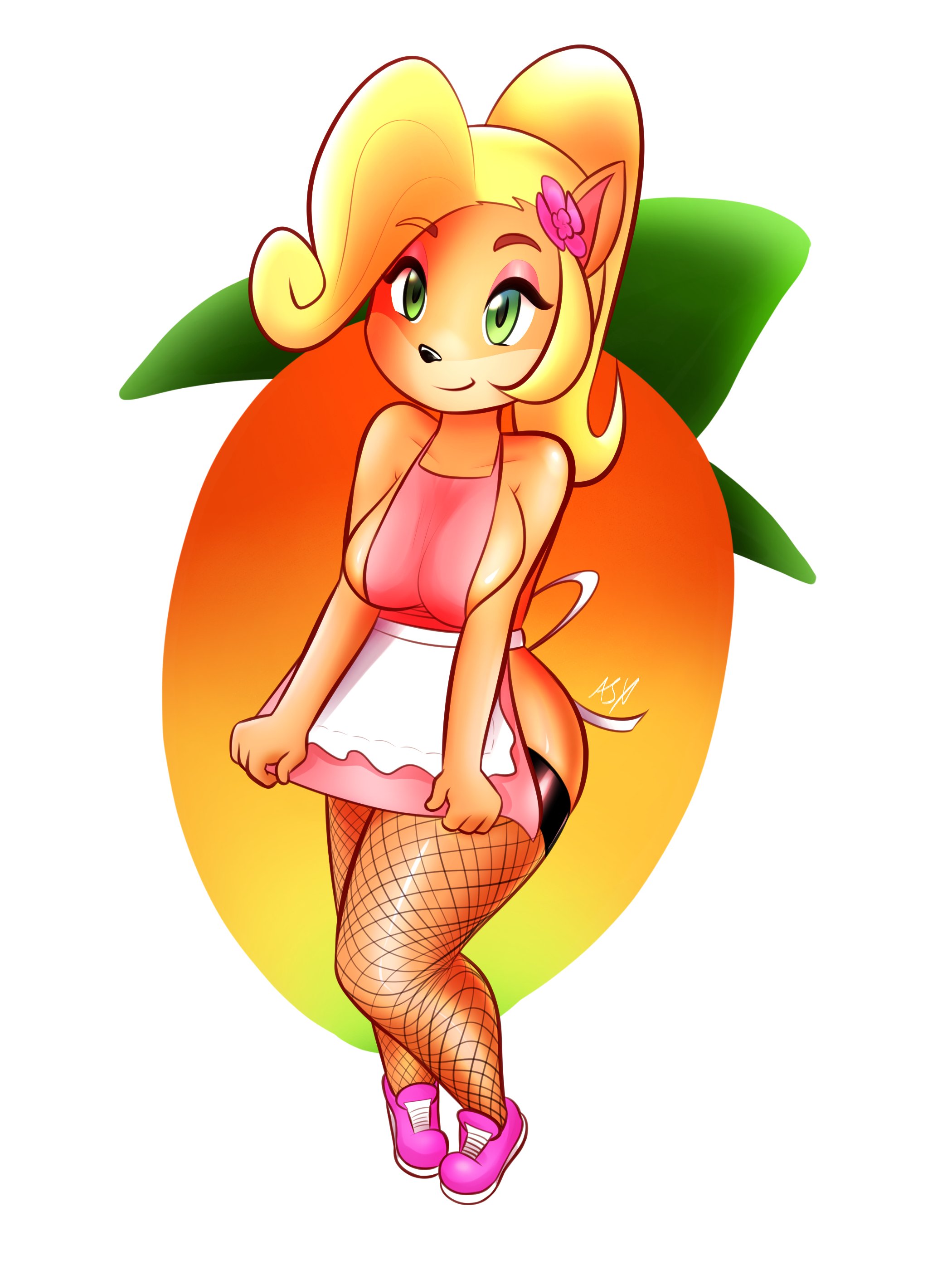 1girls, alternate costume, applespicex, apron, blonde hair, breasts, coco bandicoot, crash (series), cute, eyeshadow, female, female only, fishnet stockings, fishnets, flower in hair, full body, green eyes, large breasts, looking at viewer, mascara, naked apron, ponytail, sideboob, smile, sneakers, solo, thighhighs, white background