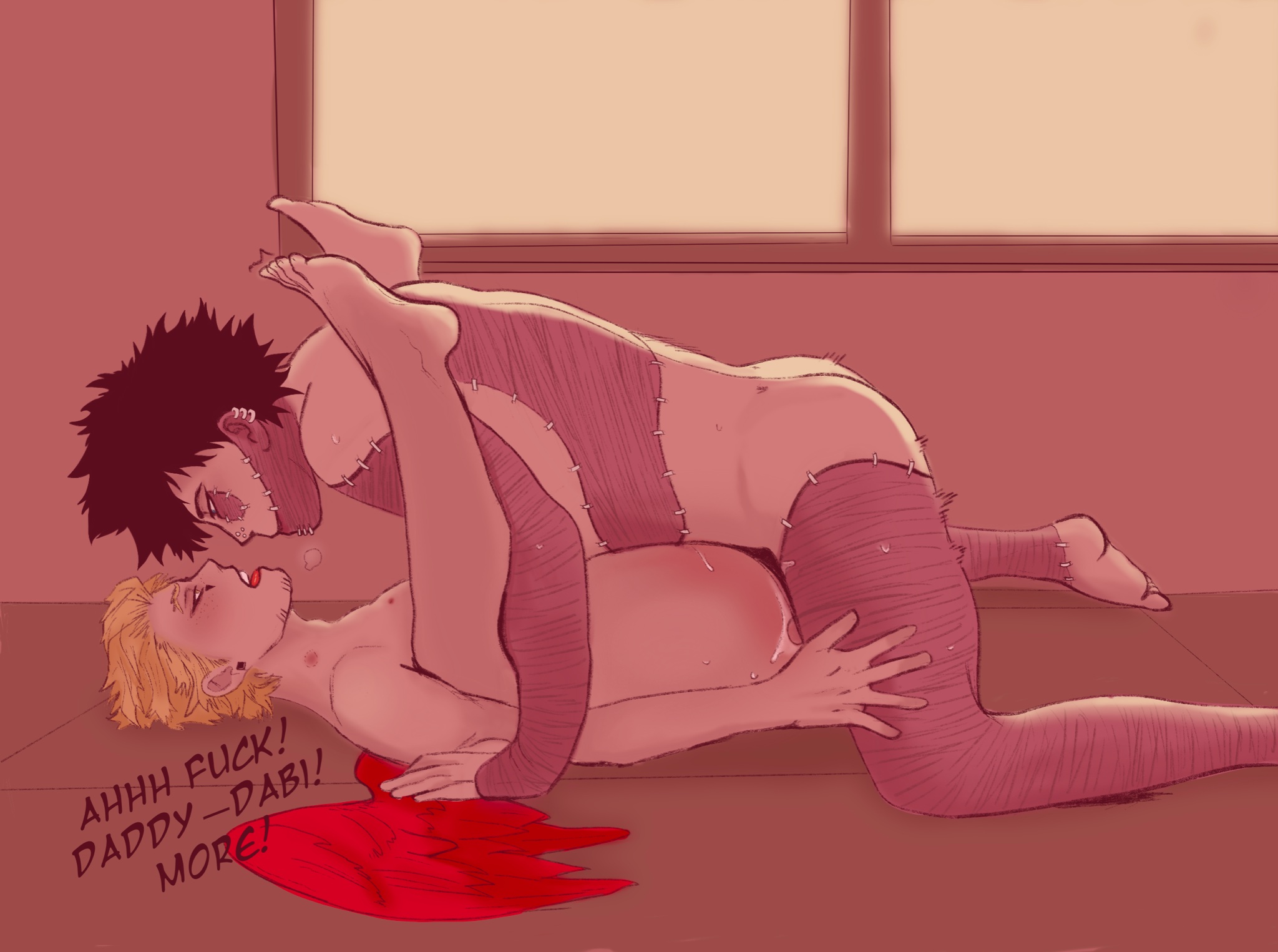 2boys, anal, anal sex, bare arms, bare ass, bare back, bare legs, bare shoulders, bare thighs, barefoot, black hair, blonde hair, boku no hero academia, burn scar, dabi, daddy, daddy kink, feathered wings, feathers, floor sex, gay, gay sex, hand on thigh, hawks (my hero academia), keigo takami, legs up, light skin, light-skinned male, lying, lying on back, male, male penetrating male, male/male, missionary, missionary position, my hero academia, nude, nude male, open mouth, pale skin, pale-skinned male, rmandraws1 (artist), scar, scars, sex, sex on floor, takami keigo, text, todoroki touya, touya todoroki, wings, yaoi