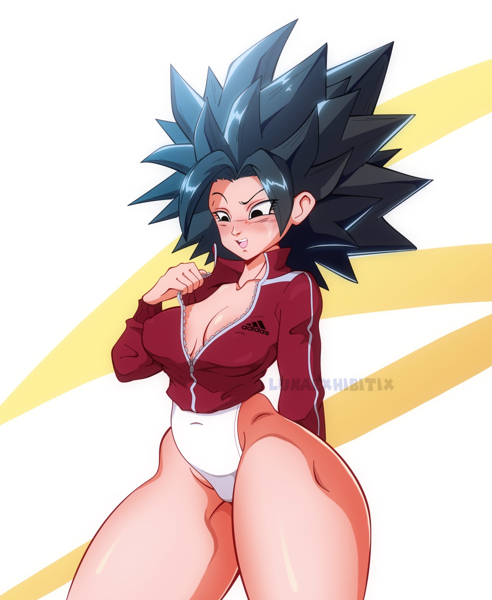1girls, adidas, black eyes, black hair, breasts, caulifla, cleavage, dragon ball, dragon ball super, female, female only, light skin, light-skinned female, long hair, lunaexhabbitix, saiyan, shounen jump, solo, solo female, spiky hair, thick thighs, yooooo that drip tho