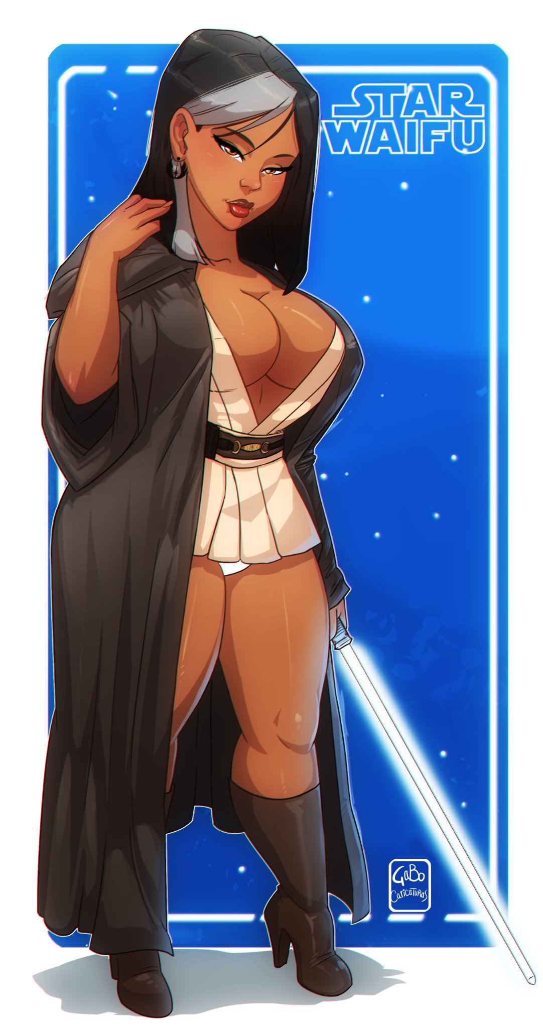 1girls big_breasts black_hair breasts cleavage dark-skinned_female dark_skin female female_only gabocaricaturas grey_hair hourglass_figure jedi legs lightsaber lower_body multicolored_hair original_character solo solo_female star_wars thick thighs upper_body voluptuous wide_hips