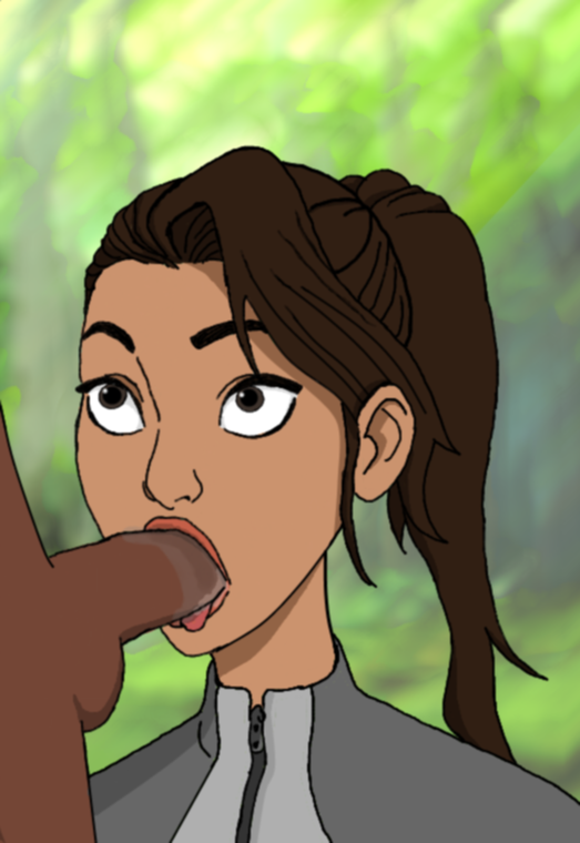 1boy 1girls blowjob brown_eyes brown_hair brunette constantinoxxx dark-skinned_female dark-skinned_male eye_contact hands-free interracial jurassic_park jurassic_world jurassic_world_camp_cretaceous oral ponytail slim teenager tongue_out yasmina_fadoula_(jurassic_world)