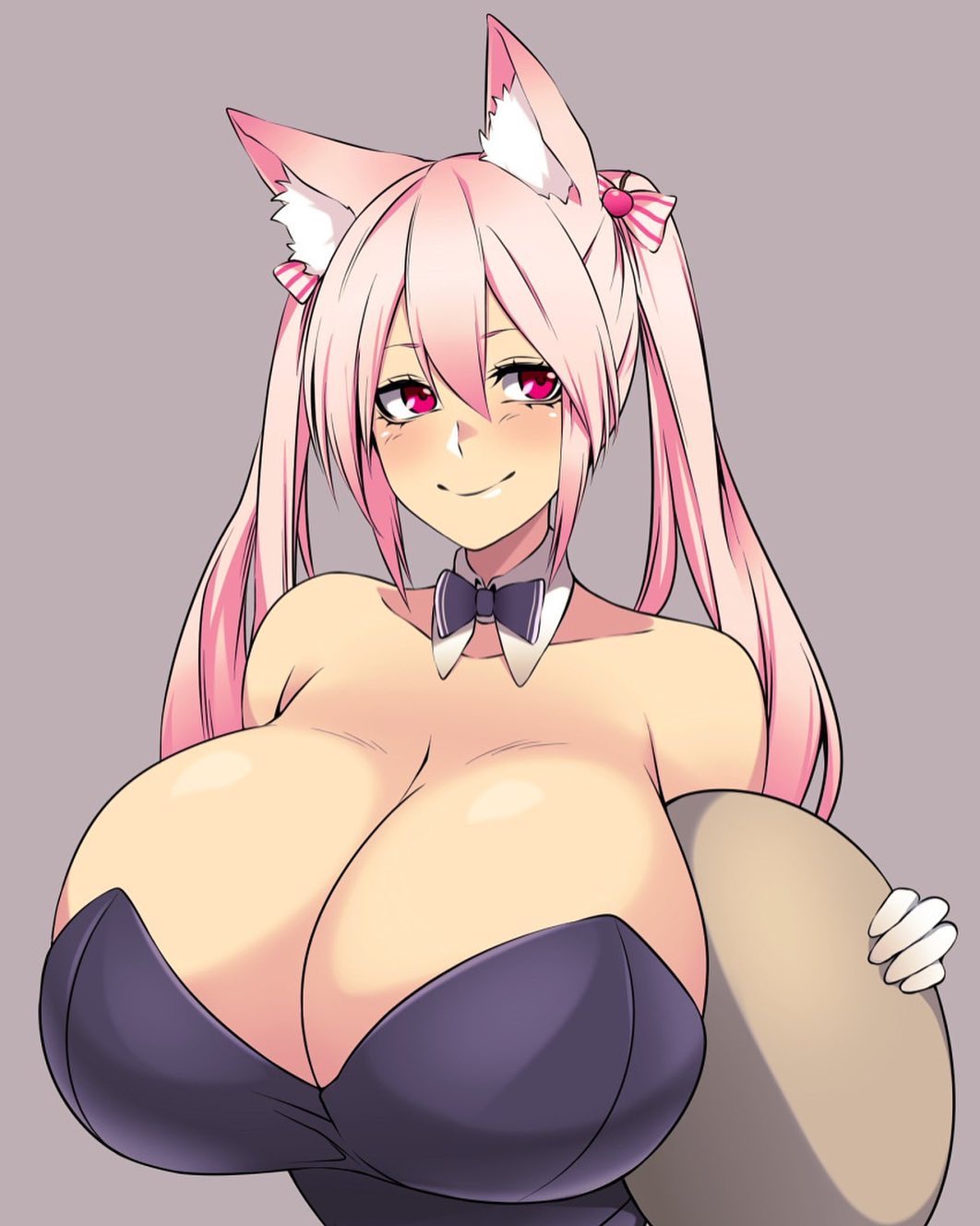 1girls, animal ears, big breasts, blush, bow, breasts, camui kamui (hz 666v), cleavage, cute, female, female only, fox, fox ears, fox girl, fox humanoid, gigantic breasts, glove, huge breasts, hyper breasts, large breasts, light skin, light-skinned female, long hair, looking away, magenta eyes, pigtails, pink hair, smile, solo, top heavy, voluptuous, waitress, yozafox