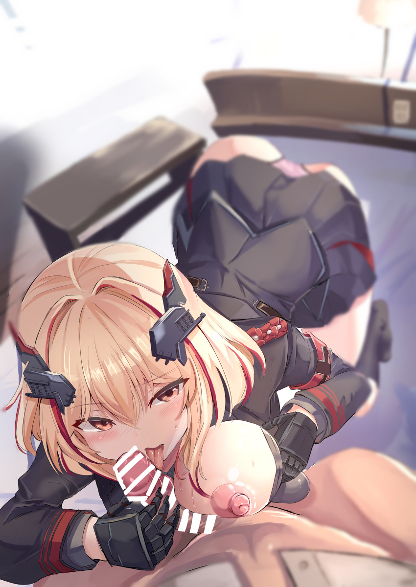 azur lane, bator kings, big breasts, blonde hair, blurry background, breasts, censor bar, censored, clothes, female, foreplay, gloves, grey clothing, grey skirt, hand on penis, high socks, large breasts, licking, licking penis, male, one breast out, orange eyes, paizuri, panties, penis, pink panties, red highlights, roon (azur lane), skirt, socks, tongue, tongue out