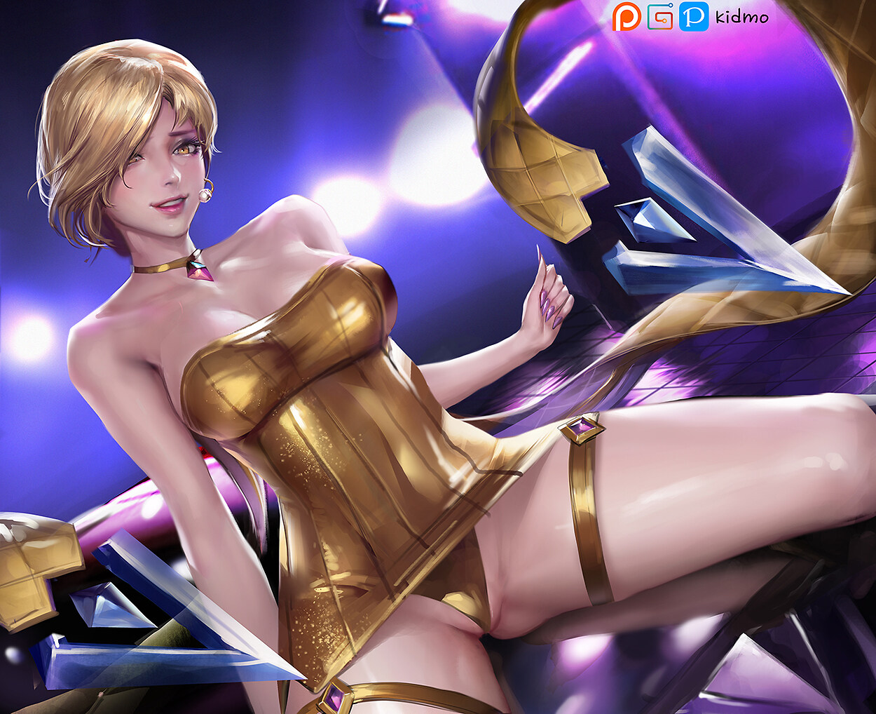 1boy, 1girls, blonde hair, dress, evelynn, female, k/da evelynn prestige edition, k/da series, kidmo, league of legends, male, panties, partially visible vulva, pussy, spread legs, updress