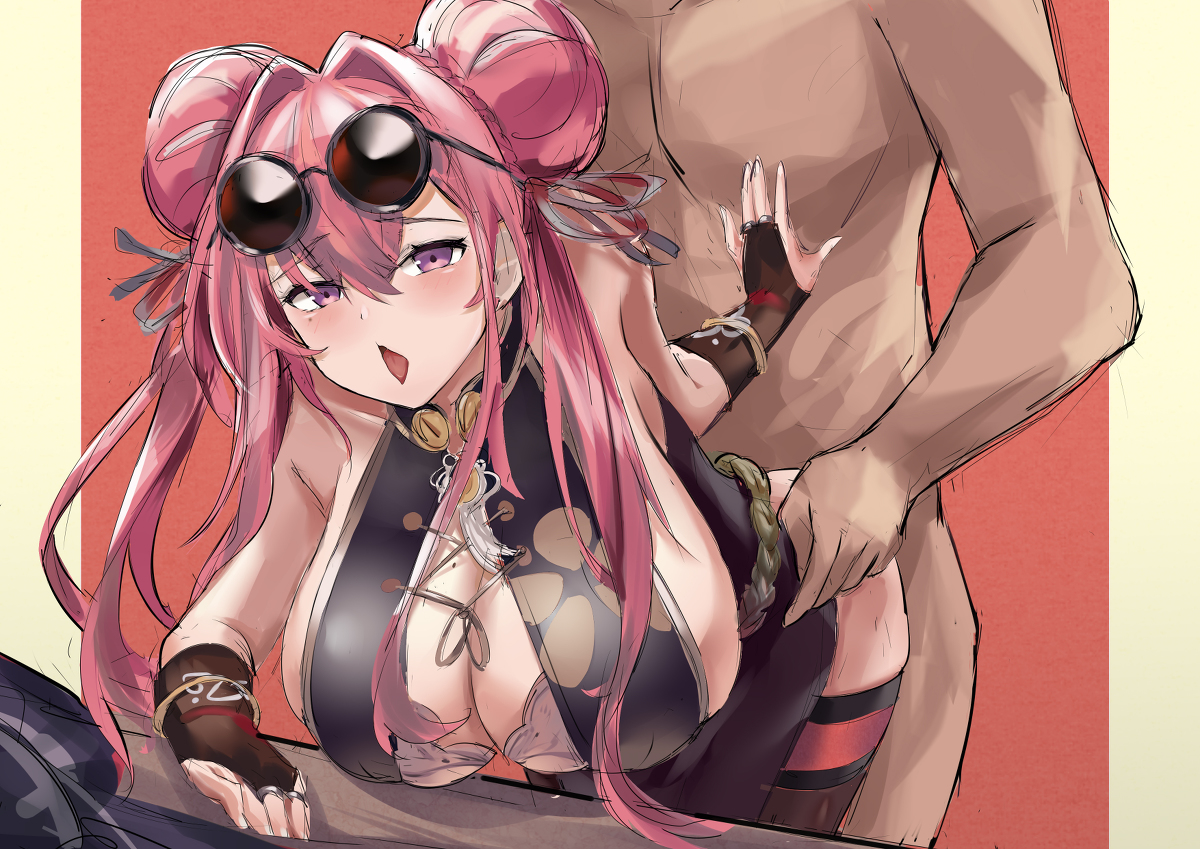 1boy, 1girls, azur lane, big breasts, blush, breasts, bremerton (azur lane), bremerton (kung fu cruiser) (azur lane), clothed female nude male, dark skin, dark-skinned male, eyewear on head, female, glasses, glasses on head, gloves, interracial, light skin, light-skinned female, magenta eyes, male, qipao, red hair, sex, shoalwaterbomb, sunglasses on head, thighhighs