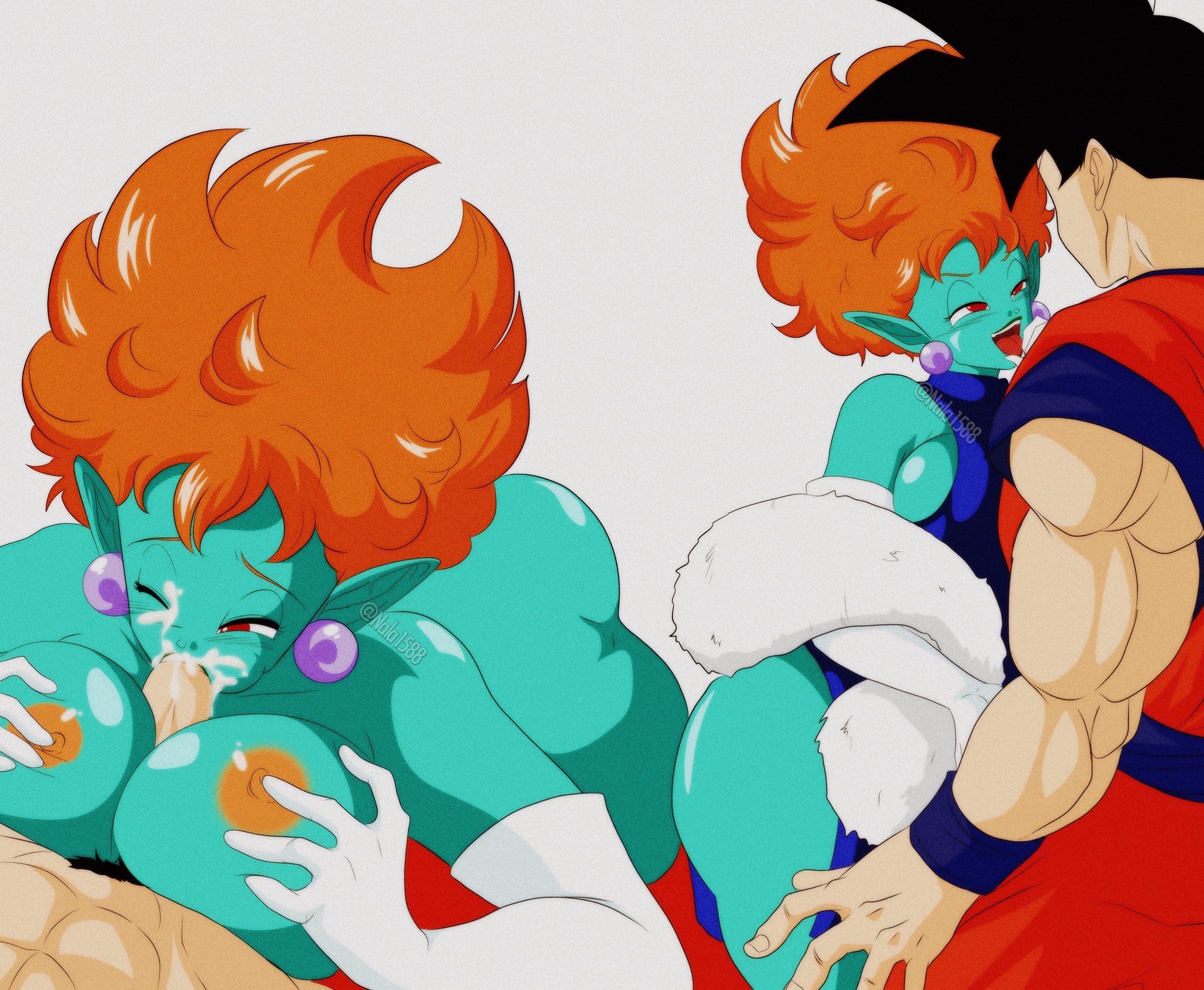 1boy, 1girls, blowjob, breasts, cum, cum in mouth, demon, demon girl, dragon ball, dragon ball z, fellatio, female, huge breasts, male, muscular, muscular male, nala1588, outercourse, paizuri, princess snake, saiyan, seductive, seductive smile, son goku, unseen male face
