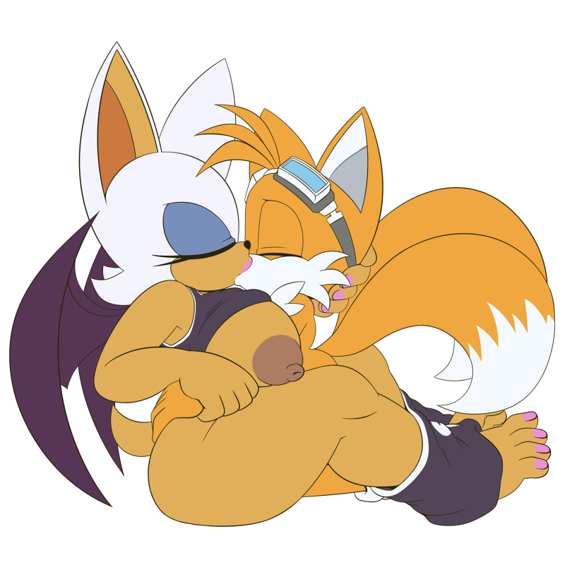 1:1, 2 tails, anthro, bat, big breasts, breasts, canid, canine, chiropteran, closed eyes, clothed, clothing, duo, eyewear, female, fox, goggles, goggles on head, hyoumaru, kissing, male, male/female, mammal, multi tail, nipples, pants down, partially clothed, rouge the bat, shortstack, sitting, sonic (series), sonic the hedgehog (series), tails, tails the fox, wings