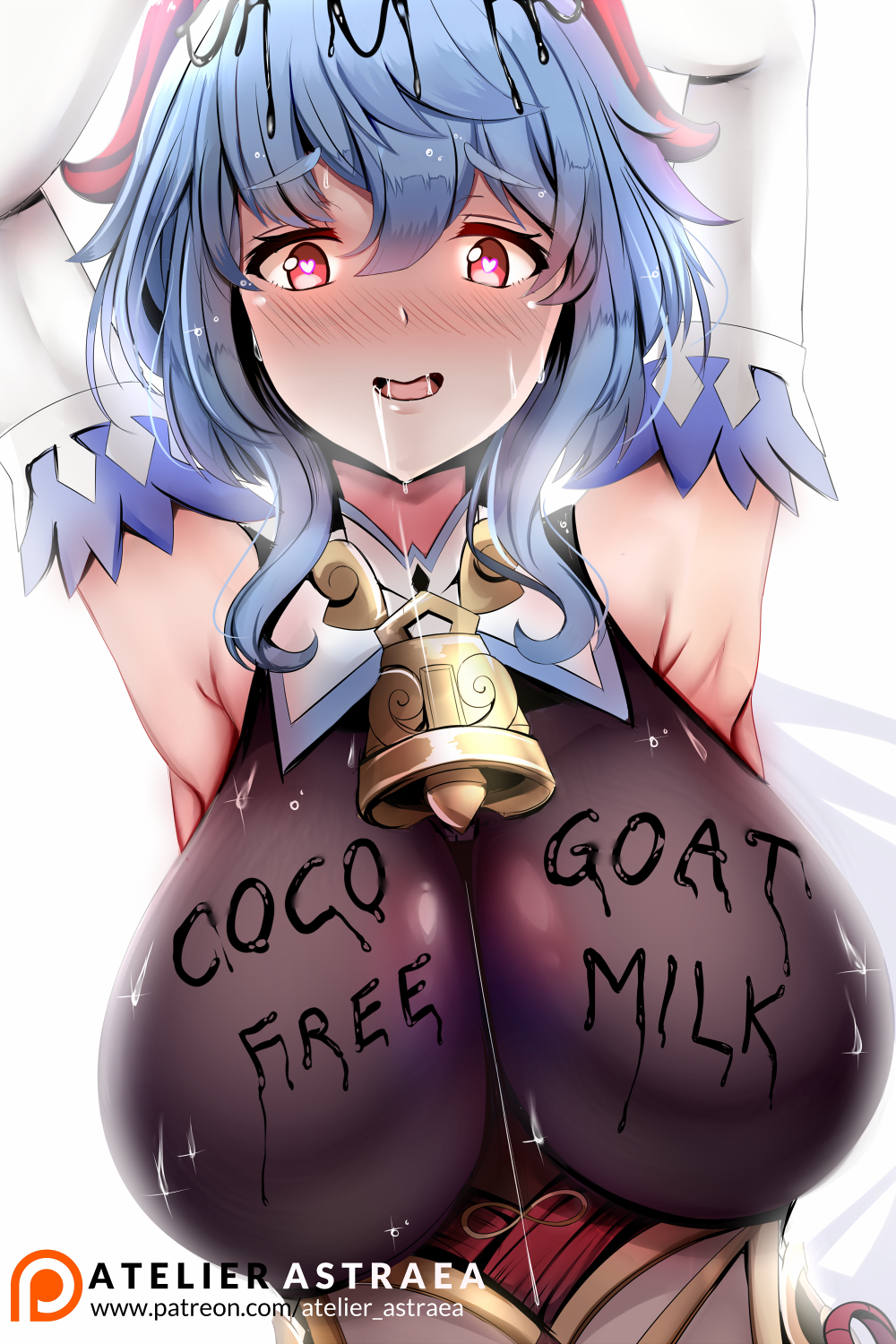 1girls armpits astraea_(atelierastraea) blue_hair blush body_writing breast_focus breasts busty cowbell english_text female ganyu_(genshin_impact) genshin_impact glowing_eyes heart-shaped_pupils horn ink large_breasts milk patreon patreon_username red_eyes smile