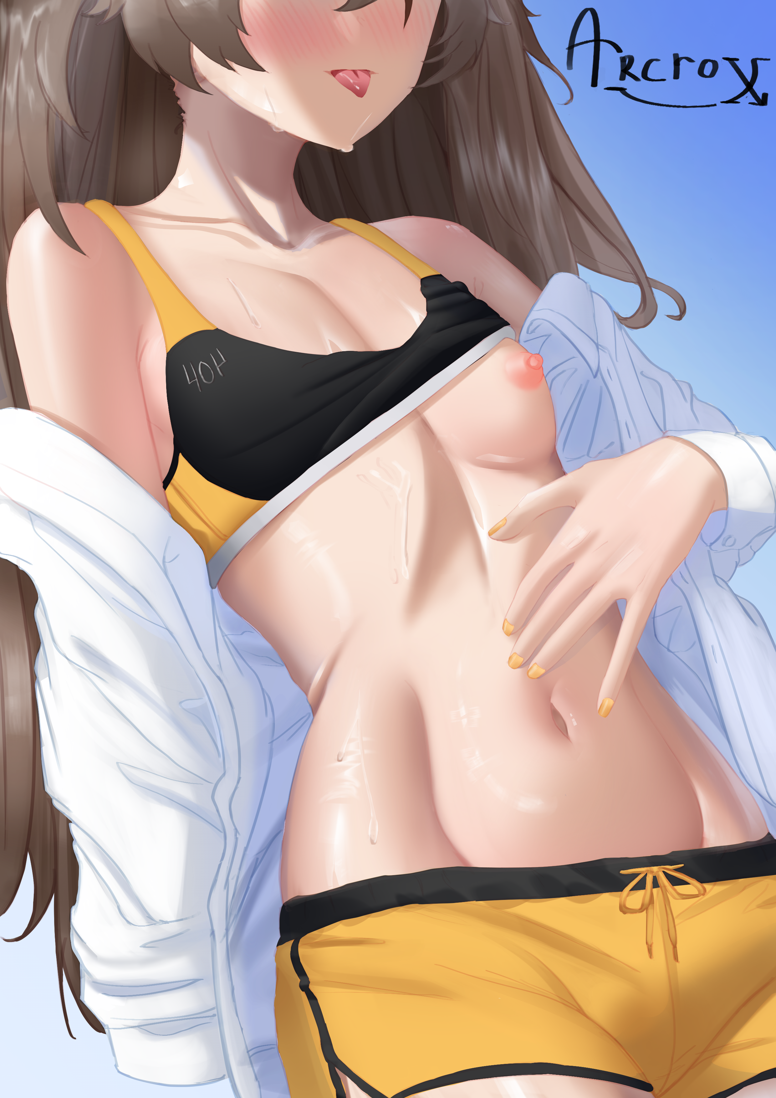 1girls, alternate version at source, alternate version available, arcrox, blush, breasts, breasts out, brown hair, close-up, feet out of frame, female, female only, flat chest, girls' frontline, girls' frontline 2: exilium, leva (girls' frontline 2), long hair, navel, nipples, open shirt, painted nails, shirt, shorts, small breasts, sports bra, sweat, sweatdrop, tongue, tongue out, ump45 (girls' frontline)