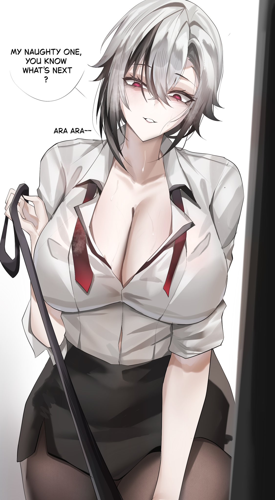 1girls, arlecchino (genshin impact), breasts, cleavage, dominant female, english text, female, female focus, female only, genshin impact, kuro artis (kuru-kuru), large breasts, light skin, light-skinned female, looking at viewer, office clothing, skirt, solo, text, thick thighs, thighs, white background, wide hips