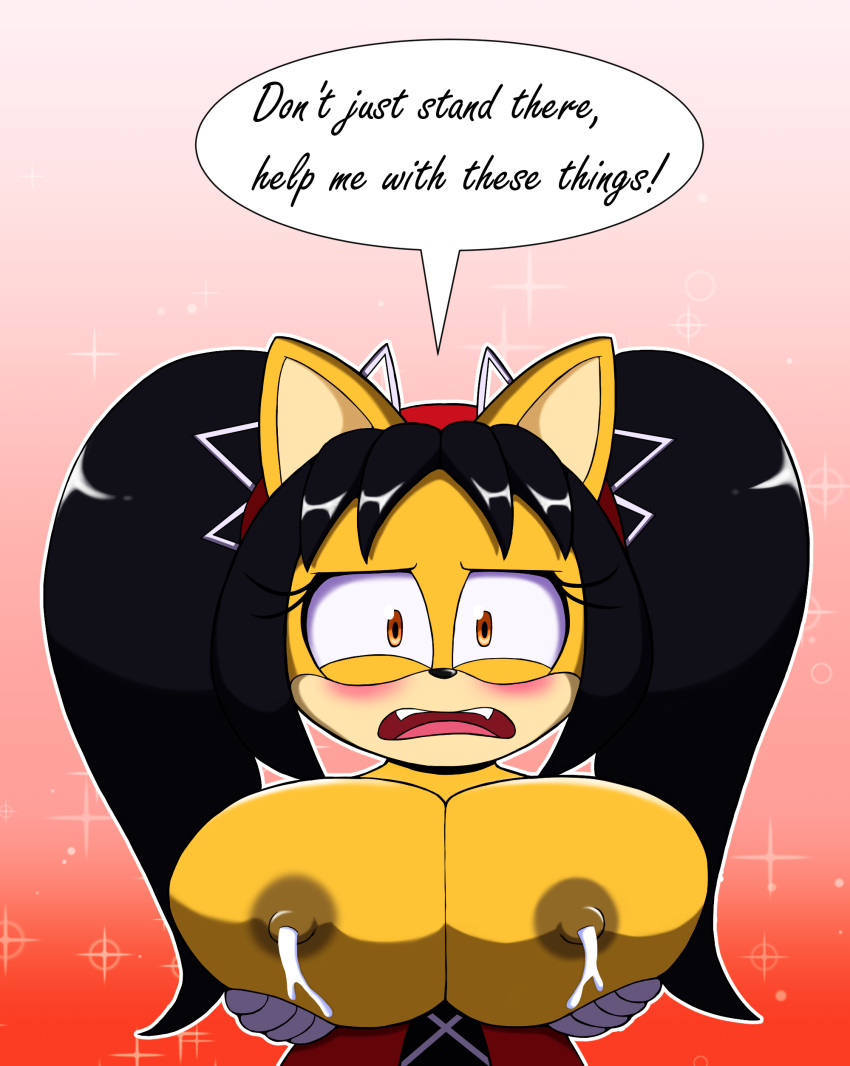 2017 big_breasts black_hair blush breast_rest breasts clothed clothing dr._chaos fangs feline feline female fur hair hi_res honey_the_cat lactating mammal nipples open_mouth orange_eyes simple_background solo sonic_(series) text worried yellow_fur