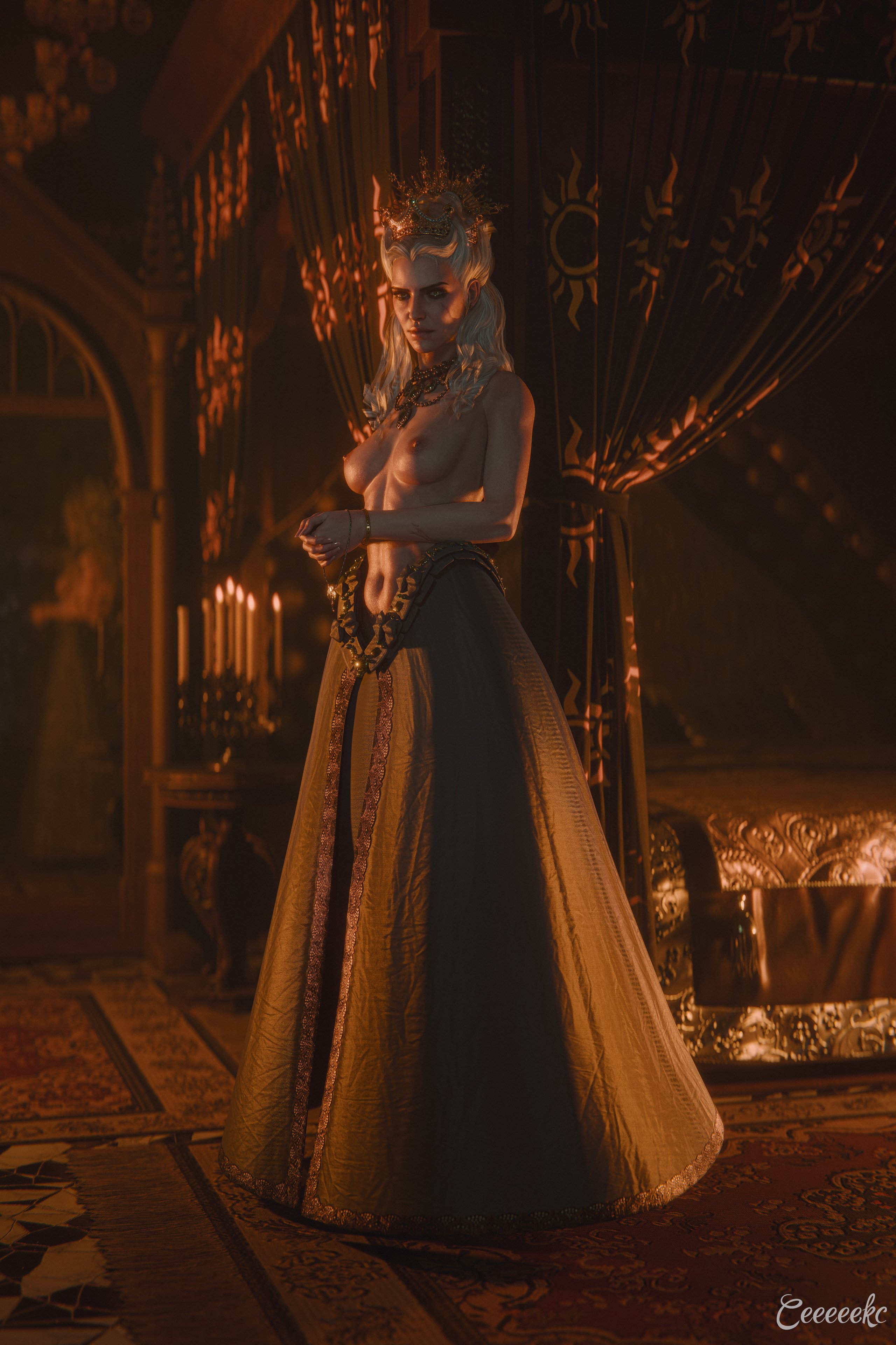 1girls, 3d, anna henrietta (cosplay), bed, bedroom, breasts, canopy bed, cd projekt red, ceeeeekc, ciri, crown, dress, earrings, empress, empress ciri, female, female only, freckles, green eyes, light skin, light-skinned female, looking at viewer, mascara, navel, necklace, nilfgaard, nipples, pubic hair, scar, solo, solo female, the witcher (series), the witcher 3: wild hunt, white hair