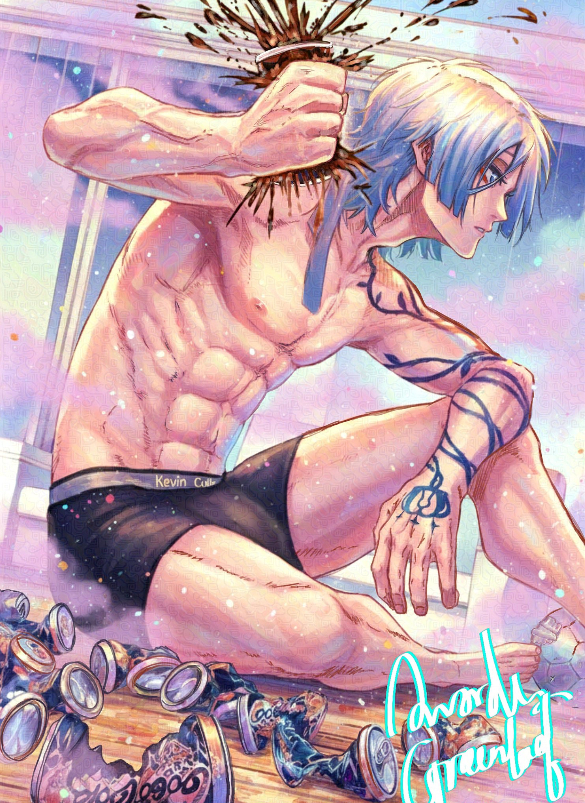 abs, biceps, big bulge, blonde hair, blonde male, blue eyes, blue hair, blue lock, boxers, boxers only, bulge, bulge through clothing, colored manga panel, coloring, crushing can, dyed hair, kaiser impact, kaiser michael, male focus, male only, male underwear, manga, manga page, manga panel, men, michael kaiser, muscular, muscular male, pale skin, pale-skinned male, sexy, sexy body, sexy pose, shirtless, shirtless male, solo male, tattoo, tattooed arm, veins, veins on arms