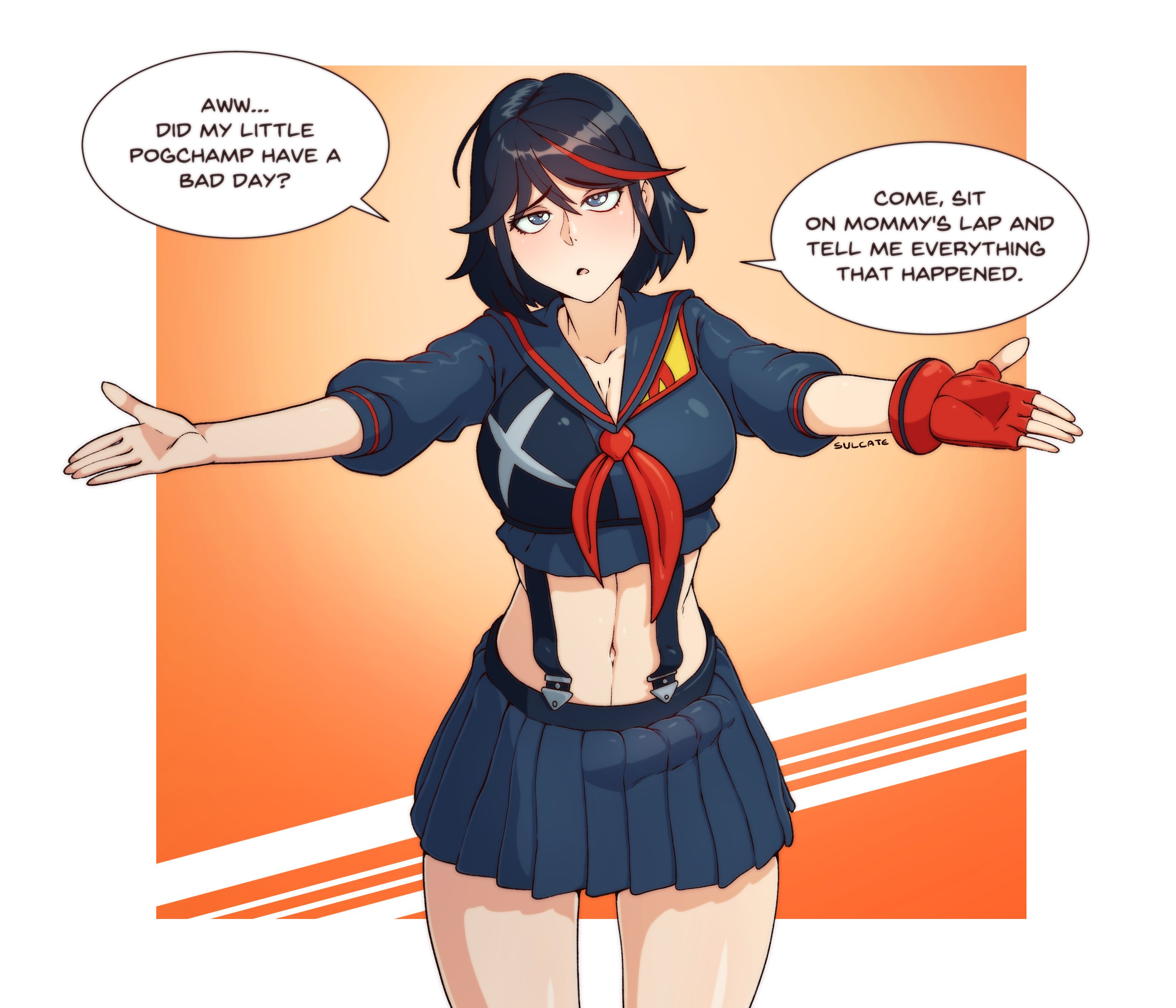 1futa, bottomless skirt, breasts, bulge, bulge to side, cameltail, clothed, clothing, comforting, dialogue, dickgirl, erection, erection under clothes, erection under skirt, female, futa only, futanari, human, intersex, kill la kill, large breasts, looking at viewer, matoi ryuuko, meme, mommy kink, my little pogchamp (meme), pale skin, partially clothed, penis, penis bulge, penis under clothes, penis under skirt, pov, pov eye contact, skirt, solo, speech bubble, standing, studio trigger, sulcate, tenting, text, tomboy, two-tone hair, wholesome