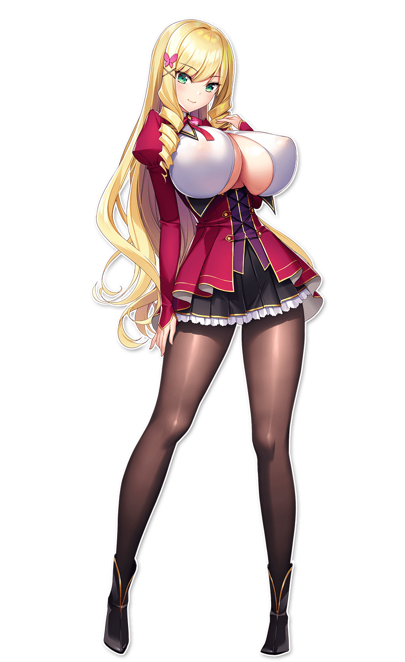 big_breasts blonde_hair breasts derauea game_cg long_hair looking_at_viewer motto!_haramase!_honoo_no_oppai_isekai_chou_ero_succubus_gakuen! official_art rosalina_raphaelos school_uniform schoolgirl succubus