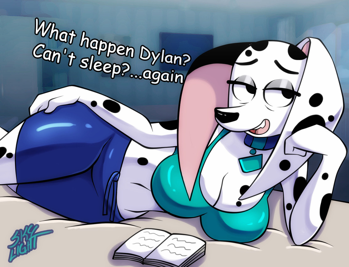 101 dalmatian street, 101 dalmatians, 2022, adult, adult female, anthro, anthro female, anthro focus, anthro only, anthro solo, anthrofied, anthropomorphic, artist name, bed, black spots, book, bra, breasts, canid, canine, canis, cleavage, clothed, clothed anthro, clothed female, clothes, clothing, collar, dalmatian, delilah (101 dalmatians), dialogue, disney, dog, dog collar, dog girl, domestic canine, domestic dog, english dialogue, english text, female, female anthro, female canine, female dog, female focus, female only, female solo, fur, furniture, furry, hi res, high resolution, highres, implied incest, large ears, looking away, lying on bed, lying on side, mammal, mature anthro, mature female, mature woman, milf, open mouth, open smile, skylight (artist), smile, smiling, solo, solo anthro, solo female, solo focus, spotted body, spotted fur, talking, talking to viewer, text, underwear, white body, white fur