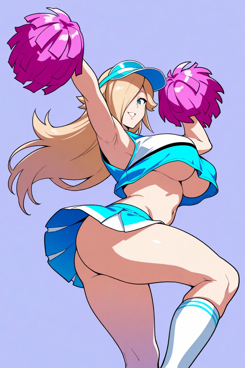 ai generated, ass, cheerleader, hair over one eye, huge breasts, mario (series), midriff, pom poms, princess rosalina, skirt, underboob, upskirt