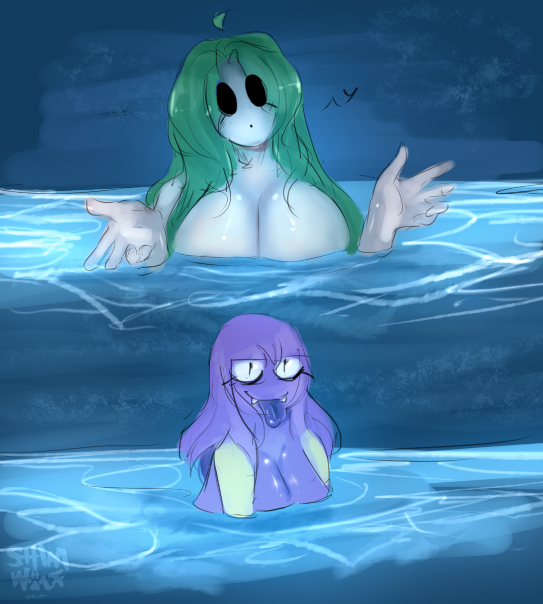 2girls, big eyes, breasts, colored, female, female only, green hair, heart, huge breasts, i'll teach you everything (chainsaw man), in water, kirby (series), lesbian, lesbian couple, mario (series), marx, mask, naked, nintendo, no clothes, only female, pool, purple body, purple hair, reze in the pool (meme), shiniw0lf, shy gal, tongue, tongue out, wholesome