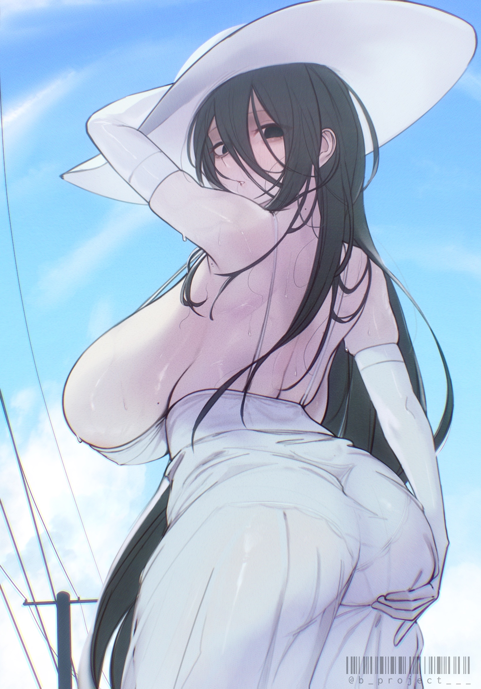 1girls, aerolae, arm up, arms up, ass, ass focus, ass grab, b project 18, big ass, big breasts, big butt, bigger female, black eyes, black hair, breast squeeze, breast squish, breasts, breasts out, child bearing hips, dress, eyebags, female, female only, folklore, giant ass, giant breasts, giant butt, grabbing, grabbing ass, grabbing own ass, hasshaku-sama, hat, holding, holding ass, holding object, huge breasts, huge female, japanese mythology, legend, light-skinned female, long hair, long sleeves, massive ass, massive breasts, massive butt, mature female, milf, mole, mole on armpit, mole on breast, mole on neck, mythology, nipples, nipples visible through clothing, no bra, open mouth, pale skin, pale-skinned female, panties, pink nipples, solo, sun hat, sweat, sweaty, thick hips, thick legs, thick thighs, tired, tired eyes, urban legend, wet body, wet clothes, white body, white dress, white panties, white skin