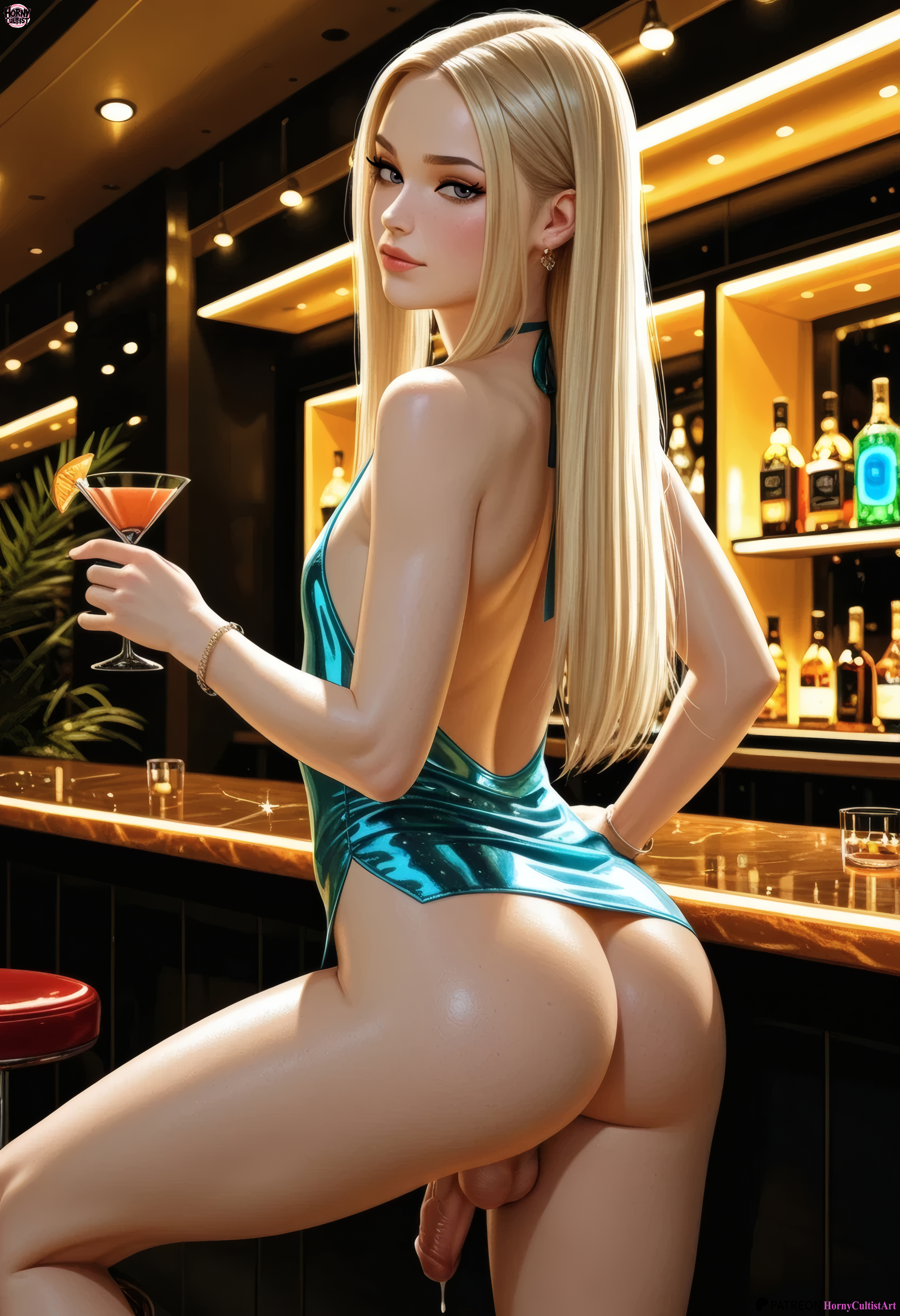ai generated, ass, backsack, blonde hair, club, cocktail dress, cum, femboy, flat chest, horny cultist artist, patreon, penis, straight hair, testicles, trap