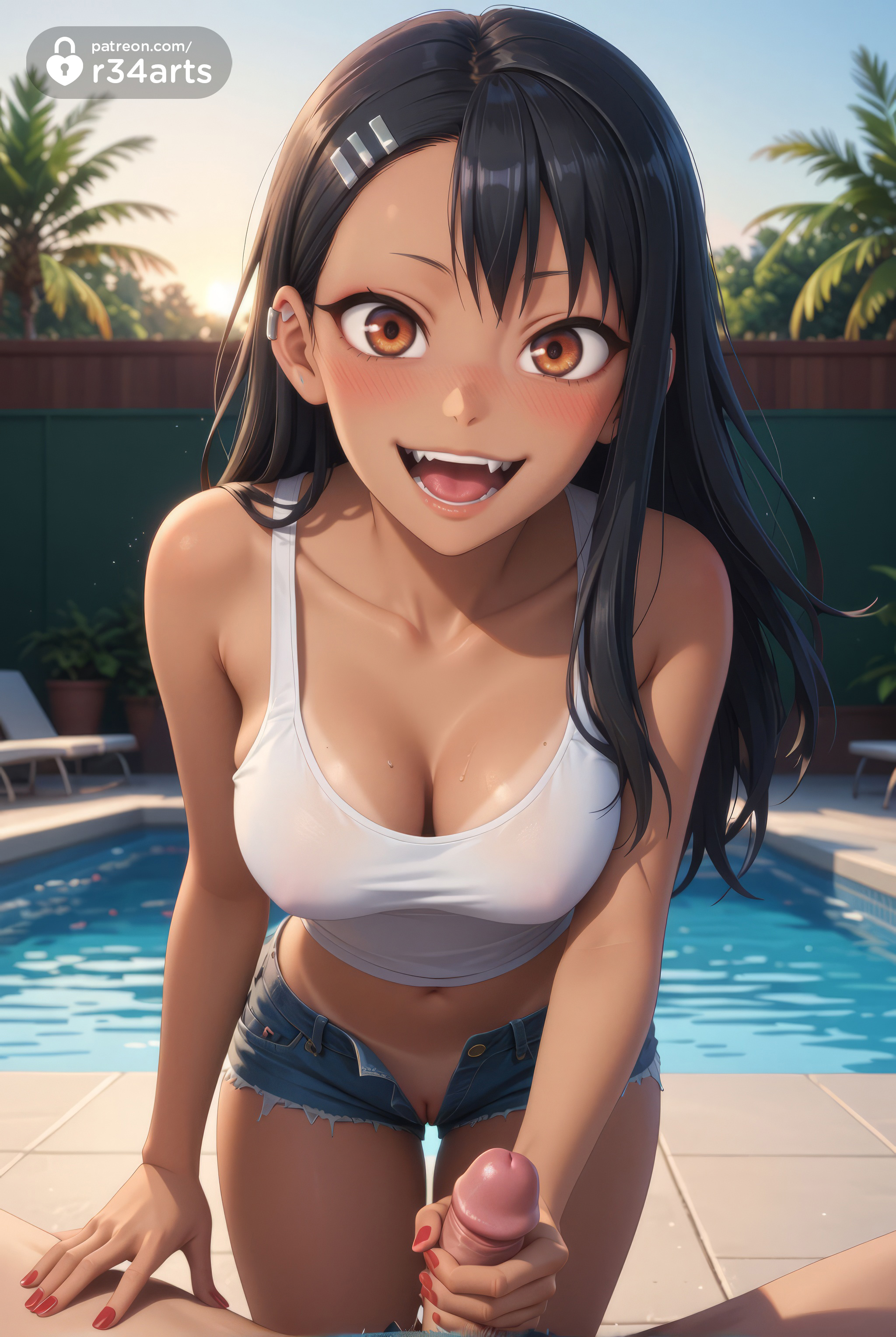 :d, 1boy, 1boy1girl, 1girls, ai generated, bare shoulders, black hair, blush, breasts, brown eyes, cleavage, collarbone, covered nipples, crop top, denim, denim shorts, earclip, erection, fangs, female, hair ornament, hairclip, handjob, hayase nagatoro, hi res, large breasts, long hair, looking at viewer, midriff, nail polish, navel, open fly, open mouth, outdoors, patreon username, penis, please don't bully me, nagatoro, pool, pov, pubic hair, pussy, r34arts, red nails, short shorts, shorts, smile, solo focus, straight, tan, tank top, tanlines, uncensored, water