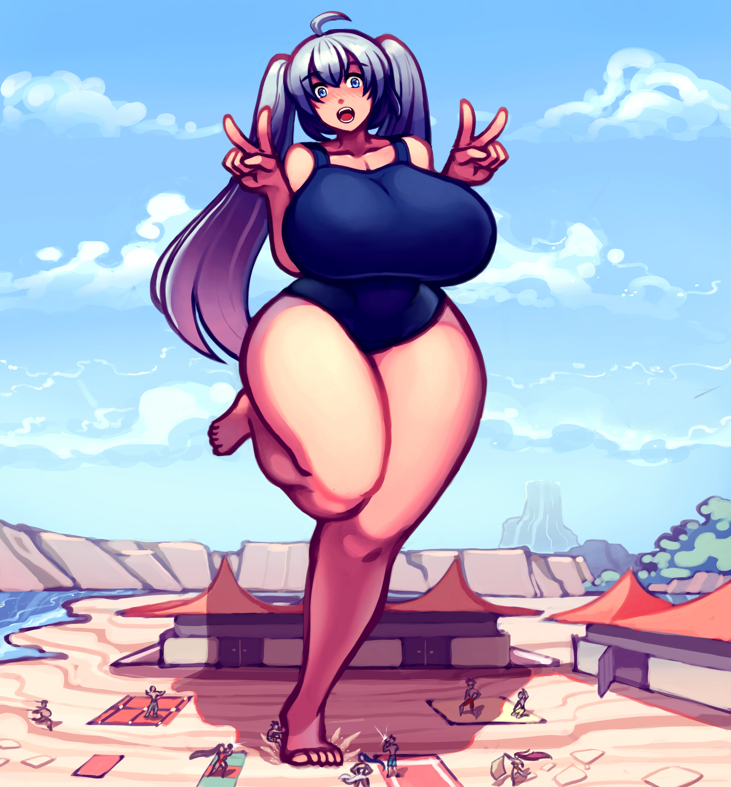 1girl, ahoge, barefoot, beach, big breasts, blue eyes, blue hair, blue sky, breasts, breasts bigger than head, cloud, curvy, day, double v, female, gareit0, giant, giantess, hatsune miku, huge breasts, hyper breasts, long hair, looking at viewer, one-piece swimsuit, open mouth, outdoors, plump, sand castle, sand sculpture, sky, solo focus, standing, standing on one leg, swimsuit, thick, thick thighs, thighs, twintails, v, vocaloid, voluptuous, wide hips