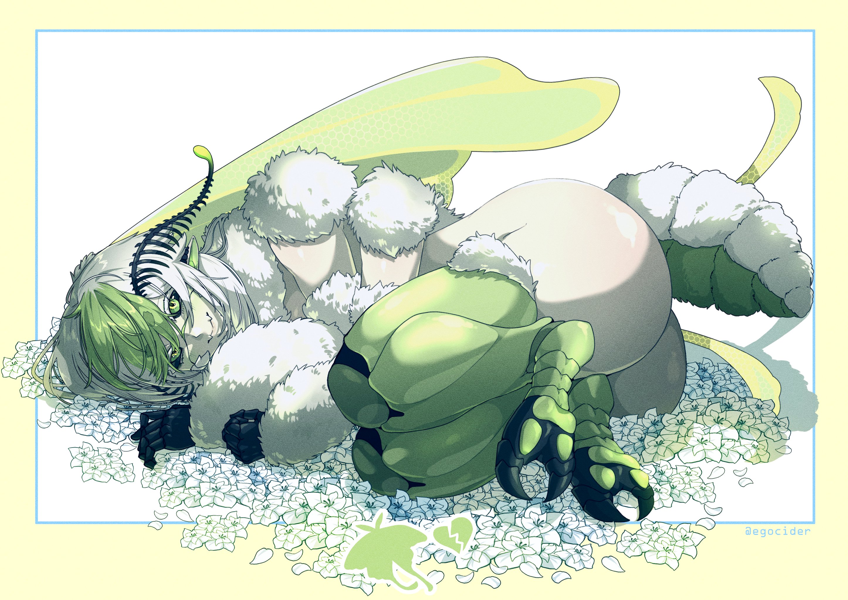 1girl, 4 arms, arthropod girl, artists biblical greed (meme), ass, black sclera, colored sclera, commentary, completely nude, completely nude female, egocider, english commentary, fangs, fetal position, flower, fluff, four arms, green eyes, green hair, highres, huge ass, implied nudity, indie virtual youtuber, insect girl, insect humanoid, juniper (egocider), juniper actias, monster girl, moth, moth girl, moth humanoid, official art, on ground, pointy ears, skin fangs, smile, tail, thighs, virtual youtuber, vtuber, white flower, white hair