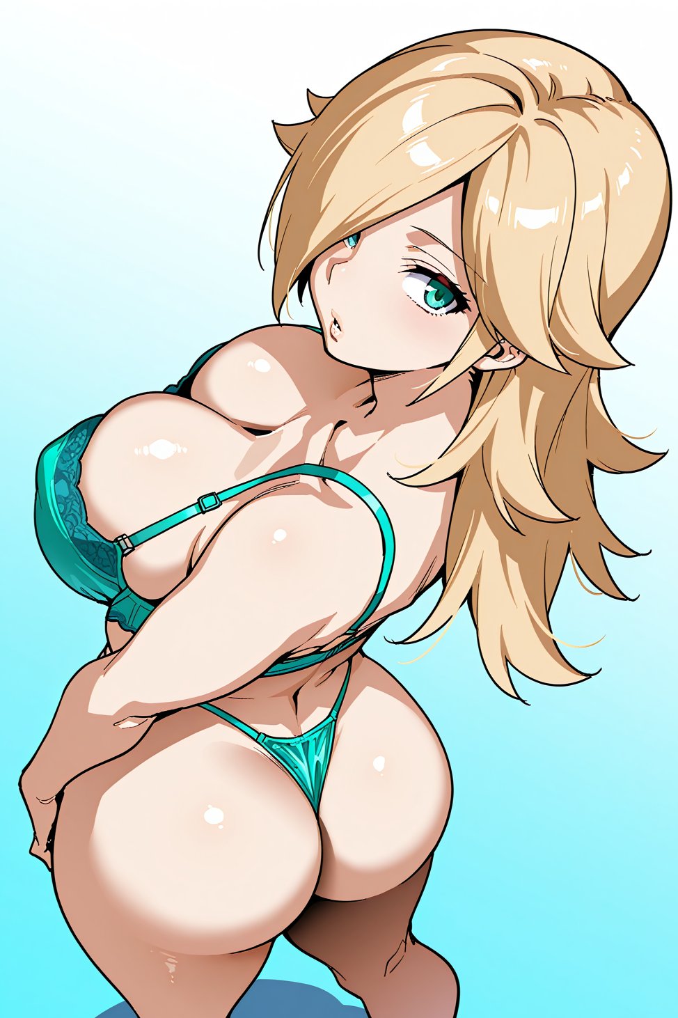 ai generated, ass, hair over one eye, huge breasts, lingerie, looking at viewer, mario (series), princess rosalina, thong