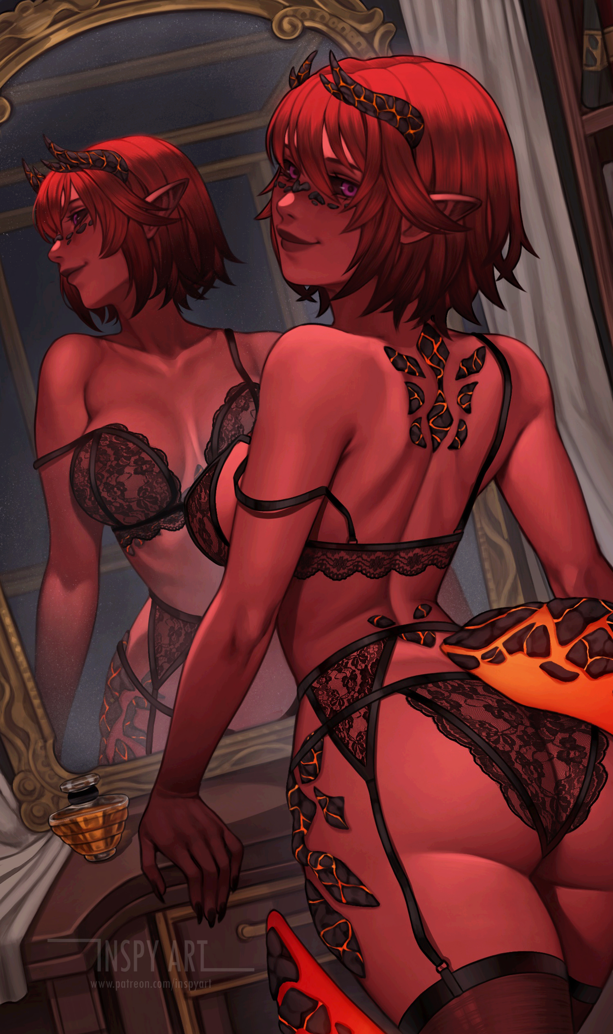 1girls, 2025, absurd res, ass, au ra, back view, black sclera, bra, commission, female, female only, final fantasy, final fantasy xiv, garter belt, garter straps, horns, inspyart, lingerie, looking at viewer, looking back, looking back at viewer, medium hair, mirror, mirror reflection, panties, pointy ears, purple eyes, red hair, red skin, scales, smiling, smiling at viewer, solo, stockings, tail, zax magma