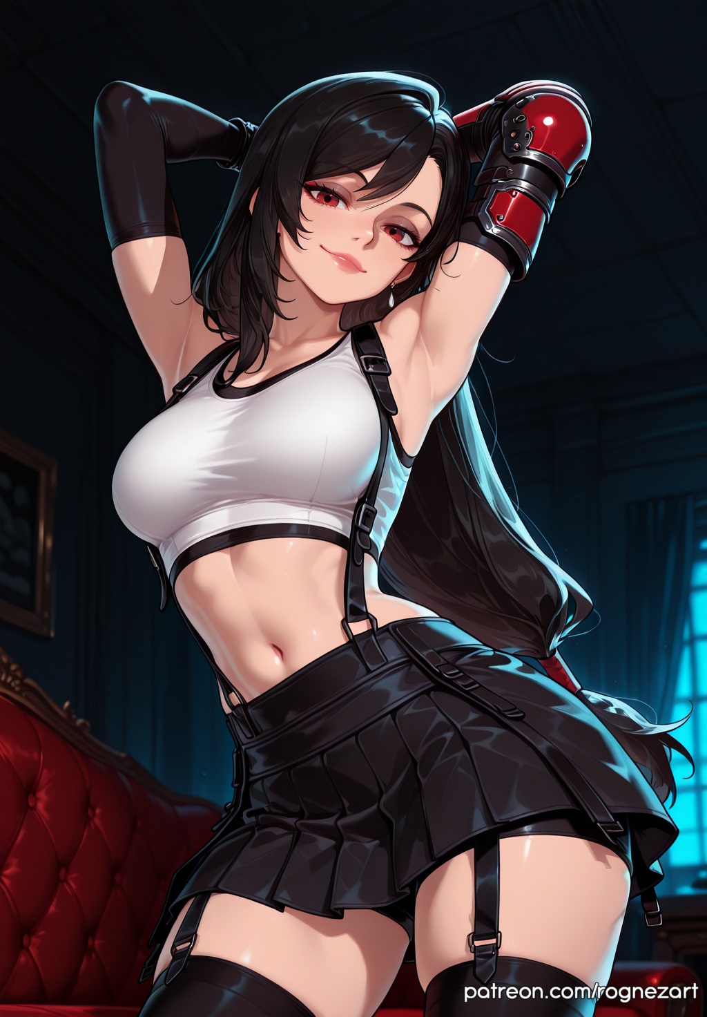 2025, ai generated, anime, armpits, arms behind head, arms up, bangs, bike shorts, black hair, black skirt, black thighhighs, breasts, cleavage, collarbone, crop top, crossover, earrings, elbow gloves, elbow pads, eye contact, female, female focus, female only, final fantasy, final fantasy vii, garter straps, gloves, handwear, highres, huge breasts, indoors, inside, jewelry, large breasts, lips, long hair, looking at viewer, low-tied long hair, midriff, miniskirt, navel, patreon, pleated skirt, red eyes, rognezart, shirt, shorts, shorts under skirt, skirt, smile, smiling, solo, square enix, stomach, suspender skirt, suspenders, tank top, taut clothes, taut shirt, thighhighs, tifa lockhart, toned, very long hair, white tank top, zettai ryouiki