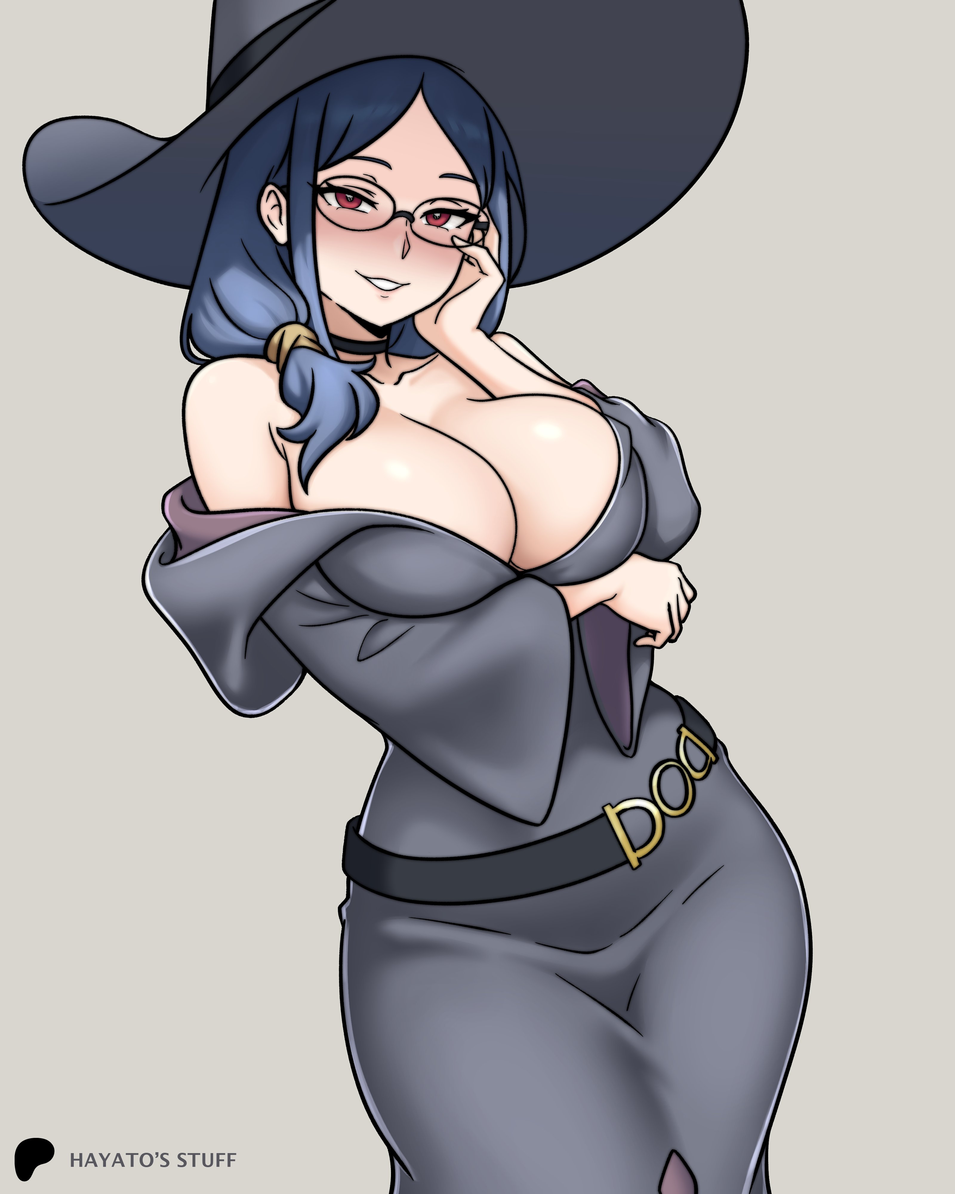 1girls, 2025, 2d, 2d (artwork), arm under breasts, artist name, big breasts, black dress, blue eyes, blue hair, breasts, cleavage, cleavage focus, clothing, dress, eyewear, female, female only, glasses, hair, hat, hayato stuff, headwear, hips, huge breasts, little witch academia, mature, mature female, mature woman, milf, naughty face, questionable, red eyes, seductive, seductive look, simple background, solo, solo female, teacher, ursula callistis, witch, witch costume, witch hat
