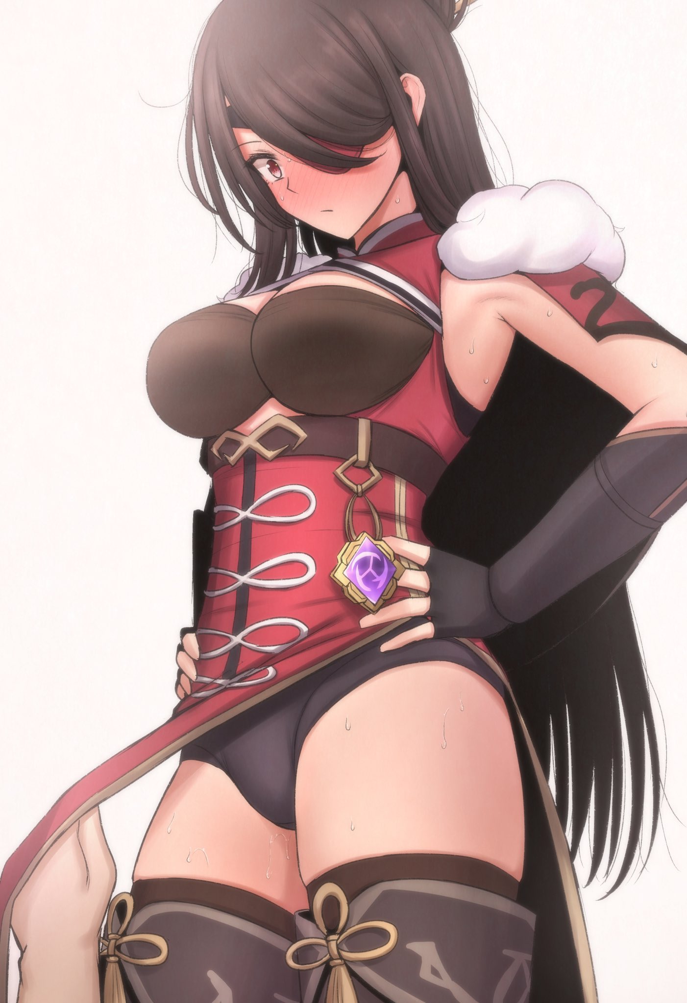 beidou (genshin impact), blush, boots, breasts, cleavage, eyepatch, female, genshin impact, heel boots, large breasts, mamerakkkkko, sweat, thick thighs, thigh boots, thigh highs, thighhigh boots
