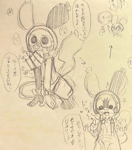 :3, cropped, cum in pussy, cum on body, cum on clothes, cuntboy, cute face, dandy's world, dick in mouth, doodle, good boy, japanese text, looey (dandy's world), puffed cheeks, shocked expression, slurp, slut, submissive, sucking penis, worried