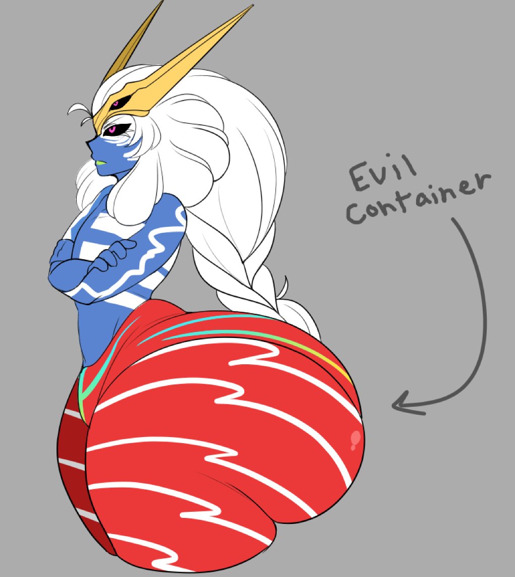 1boy, alduingijinka, arms crossed, big ass, big ass (male), black sclera, blue skin, dio kinkz, evil container, femboy, fu [jess baptiste vi], huge ass, huge ass (male), huge butt, male, male only, meme, pink eyes, thick thighs, white hair