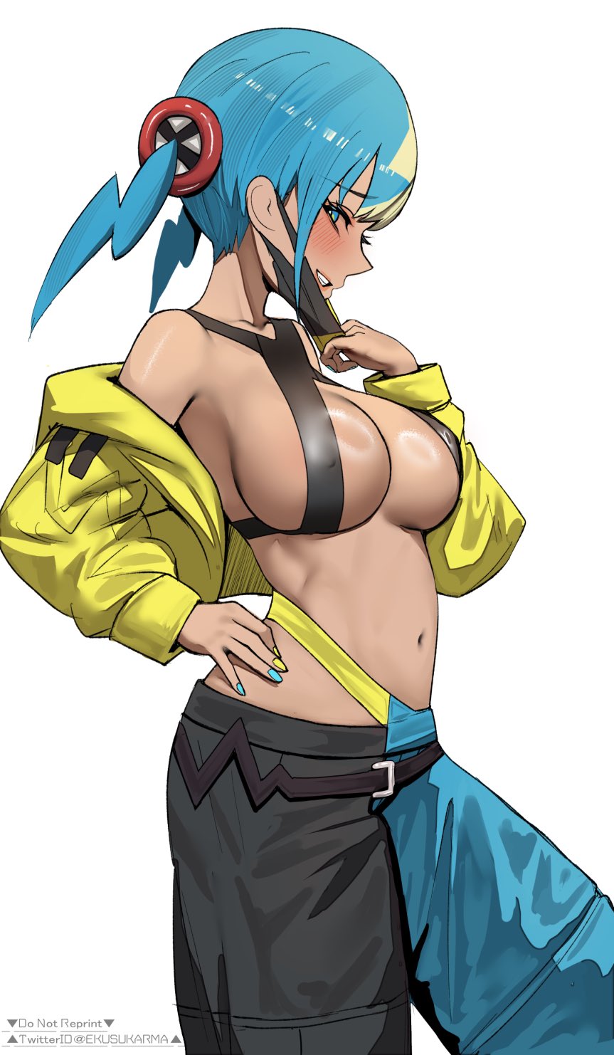 1girls, aqua hair, bare shoulders, belt, black belt, black mask, black pants, blonde hair, blue eyes, blue hair, blue pants, blush, breasts, canari (pokemon), canary (pokemon), cleavage, commentary, covered nipples, criss-cross straps, dark skin, dark-skinned female, ekuskarma, female, game freak, heart, highres, holding, holding phone, jacket, large breasts, long sleeves, mask, mask pull, mouth mask, multicolored hair, nail polish, navel, nintendo, open clothes, open jacket, open mouth, pants, parted lips, partially unzipped, phone, pokemon, pokemon legends: z-a, selfie, short twintails, simple background, smile, solo, split-color hair, streetwear, teeth, twintails, two-tone hair, two-tone mask, two-tone pants, white background, yellow jacket, yellow mask