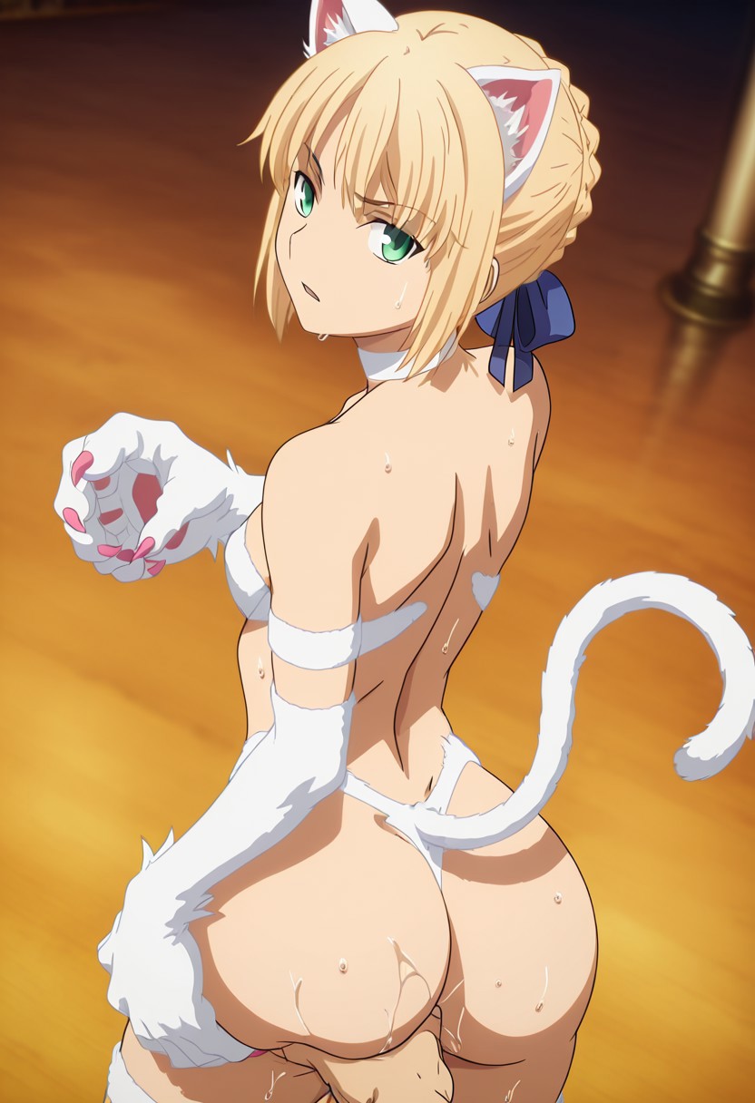 ai generated, artoria pendragon, artoria pendragon (fate), bottom heavy, cat ears, cat girl, cat tail, catgirl, cosplay, fat ass, fate (series), fate/stay night, fate/zero, felicia (darkstalkers) (cosplay), groping, petite, pussy juice, saber, spardai (artist), sweaty