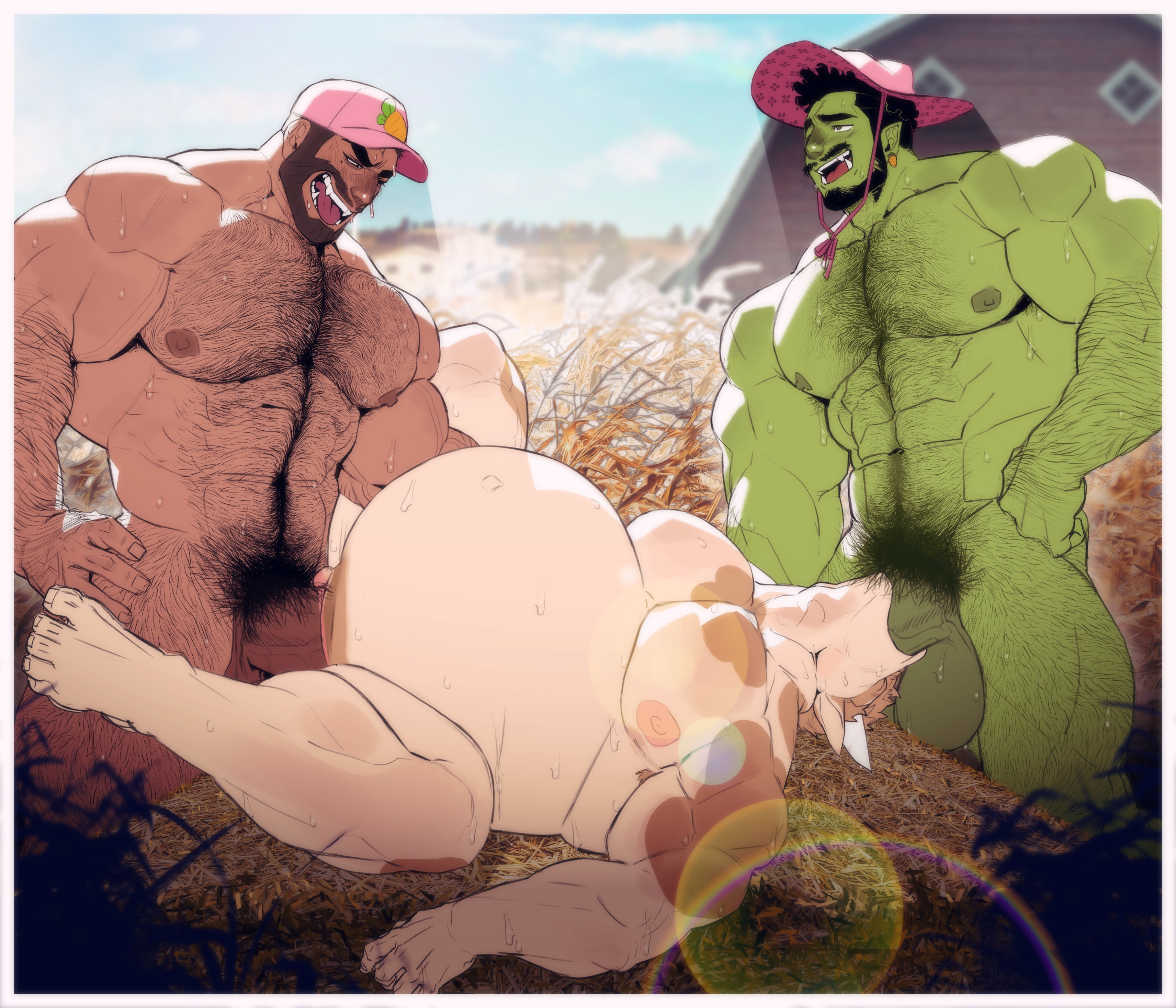 balls, bara, beard, belly inflation, blowjob while penetrated, bovine ears, bovine horn, bovine humanoid, brown hair, bucket hat, cock hungry, cock in mouth, cow spots, cuntboy, different species, dominant human, dominant male, dominant orc, farmer dez, filled with cock, furry, furry bottom, furry with non-furry, gay, gay sex, gay threesome, green body, green nipples, green penis, green skin, hairy arms, hairy chest, hairy legs, hairy male, handholding, haystack, holding leg up, human, human genitalia, human on furry, inflation, intersex, intersex/male, large balls, large cocks, large pectorals, large penis, light brown body, light brown fur, light brown hair, light fur, male, male cow, male dominating male, male focus, male on male, male only, male penetrated, male penetrating, male penetrating cuntboy, male penetrating male, male spitroast, male with male, male/male, male/male/male, males only, mating, moustache, muscular, muscular arms, muscular cuntboy, muscular furry, muscular male, muscular thighs, nipple pinch, nipple play, nipples, nu nudo do, nunudodo, oc, orc, orc male, outdoor nudity, outdoor sex, penis, penis in mouth, penis in pussy, pink cap, pink nipples, pubic hair, pussy, rancher grunh, size difference, spitroast, spread legs, submissive anthro, submissive intersex, submissive male, sweaty body, tan nipples, tan skin, threesome, vaginal penetration, veiny penis, yaoi