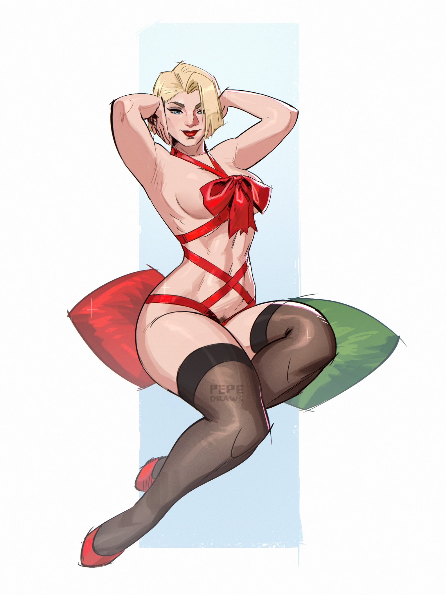 1girls, blonde female, blonde hair, breasts, christmas present clothes, emma frost, female, female only, large breasts, marvel, marvel comics, marvel rivals, milf, pepedraws, pubic hair, pubic hair peek, white queen, wrapped up, x-men