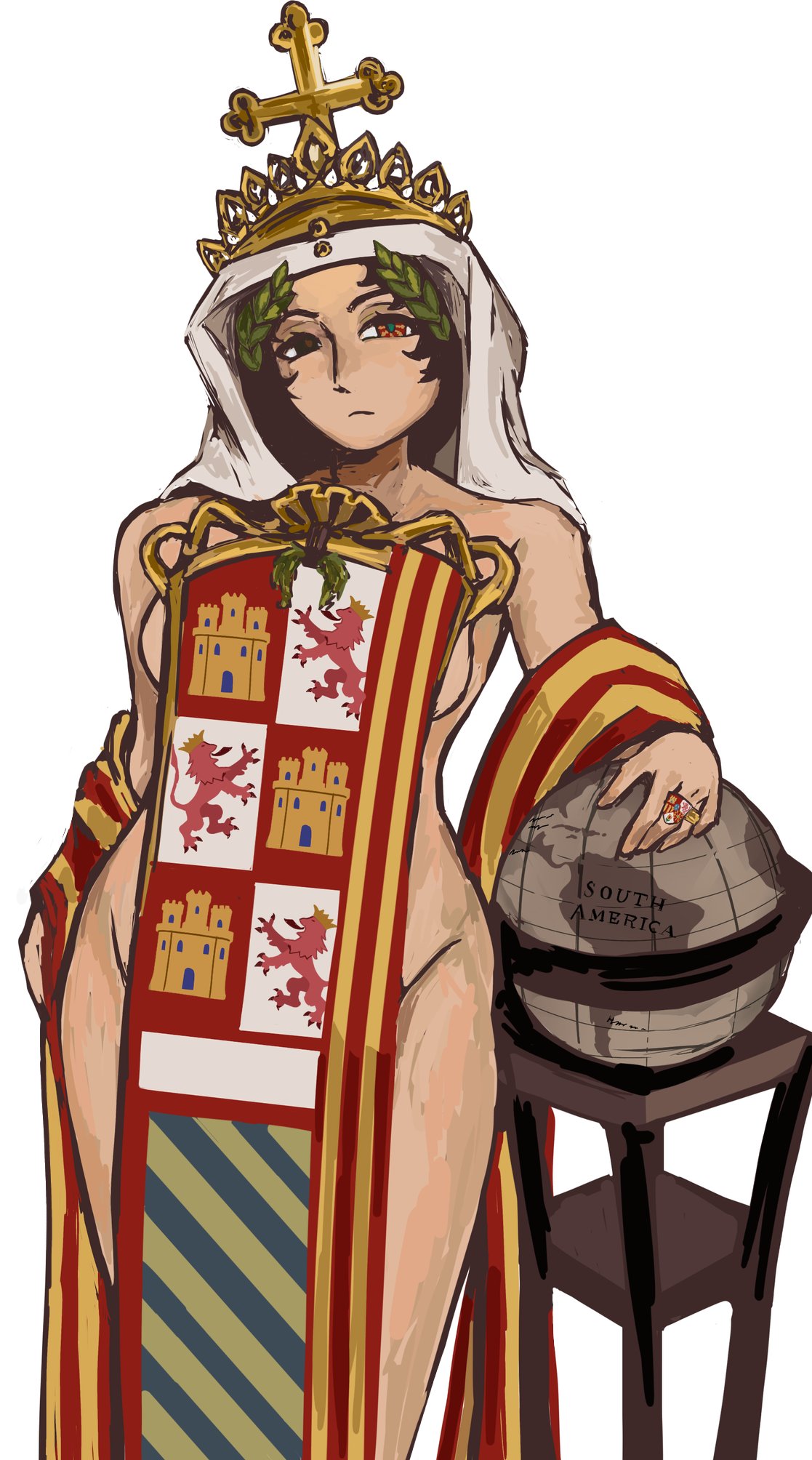 breasts, countryhumans, countryhumans girl, crown, dress, flag print, huge breasts, mommy, national personification, royalty, short hair, sideboob, spain, spain (countryhumans), thick thighs, veil