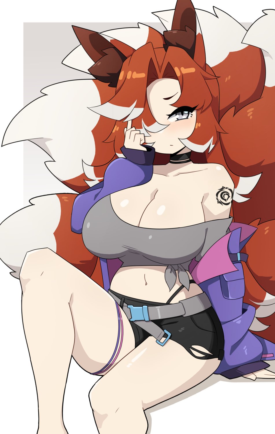 1girls, big breasts, cleavage, clothing, commission, ear tuft, female, female only, fox ears, fox girl, fox tail, hair over one eye, hi res, highlights (coloring), j5daigada, jacket off shoulders, kitsune, long hair, looking at viewer, multi tail, red hair, silver eyes, sitting, solo, tail, tattoo, tattoo on arm, white highlights