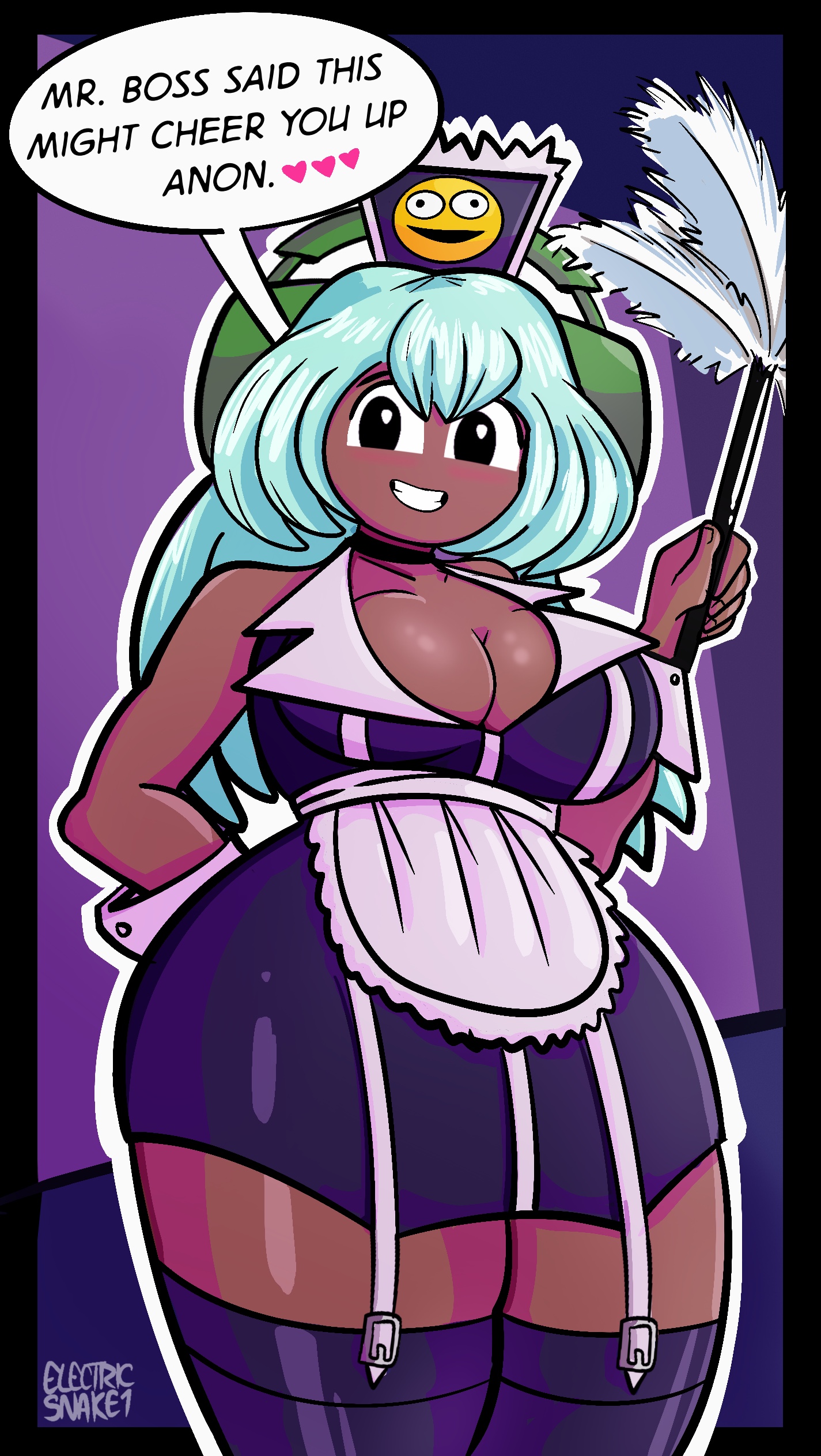 1girls, adult swim, background, big breasts, big butt, black eyes, brown skin, dark skin, dark-skinned female, digital art, dolly dimpley, electricsnake1, female, female only, maid, maid outfit, maid uniform, smile, smiling, smiling at viewer, smiling friends, text, thighhighs