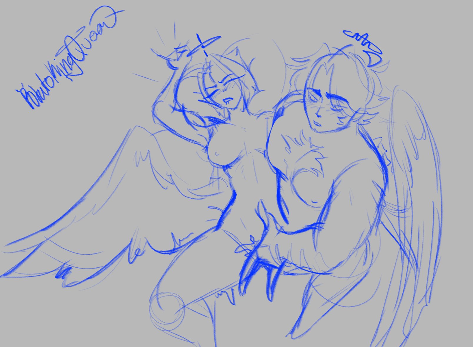 abel (hazbin hotel), blush, breasts, chubby male, duo, female, finger fuck, hair, hazbin hotel, lute (hazbin hotel), male, male/female, nipples, nude, on bed, open mouth, pleasure face, potatokingqueen, pussy juice, simple background, sketch, straight, teeth, wings