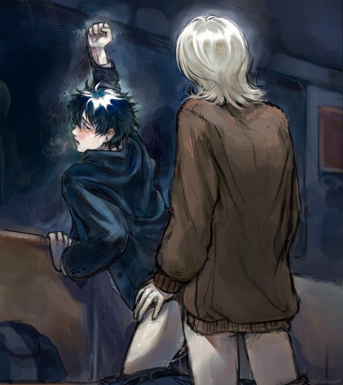 black hair, gay sex, haru akinashi, male/male, mlm, public, saihate station, shion tatsunami, train, twink, white hair