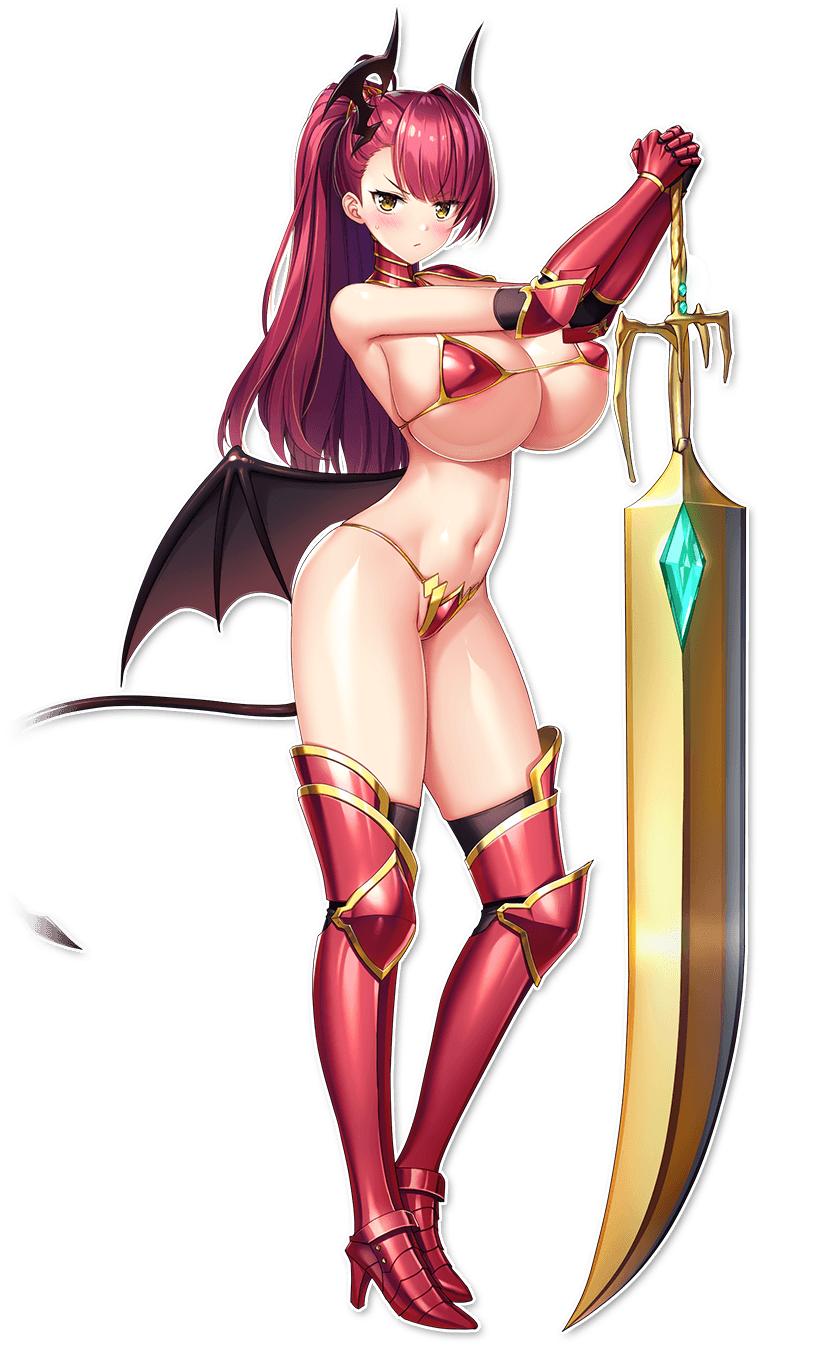 big_breasts breasts celestia_laciel demon_girl demon_horns demon_tail demon_wings derauea game_cg horns large_breasts long_hair looking_at_viewer motto!_haramase!_honoo_no_oppai_isekai_chou_ero_succubus_gakuen! official_art oppai shiny_skin stockings succubus succubus_horns succubus_tail succubus_wings sword