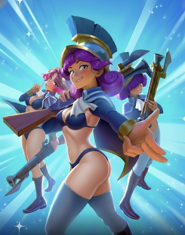 3girls, ai, ai assisted, ai generated, bikini, blue bikini, breasts, chest, clash (series), clash royale, edit, edited official artwork, female, female focus, female only, pink hair, purple hair, sexy, thighs, three musketeers (clash royale)