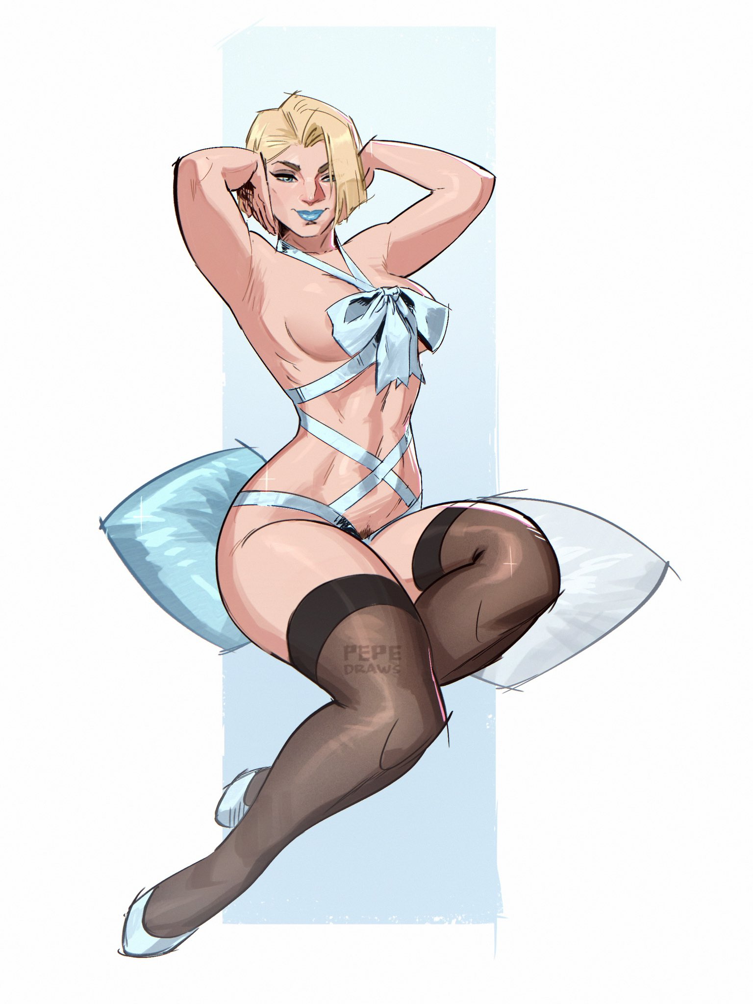 1girls, blonde female, blonde hair, breasts, christmas present, christmas present clothes, emma frost, large breasts, marvel, marvel comics, marvel rivals, milf, pepedraws, pubic hair, pubic hair peek, thick thighs, white queen, wrapped up, x-men