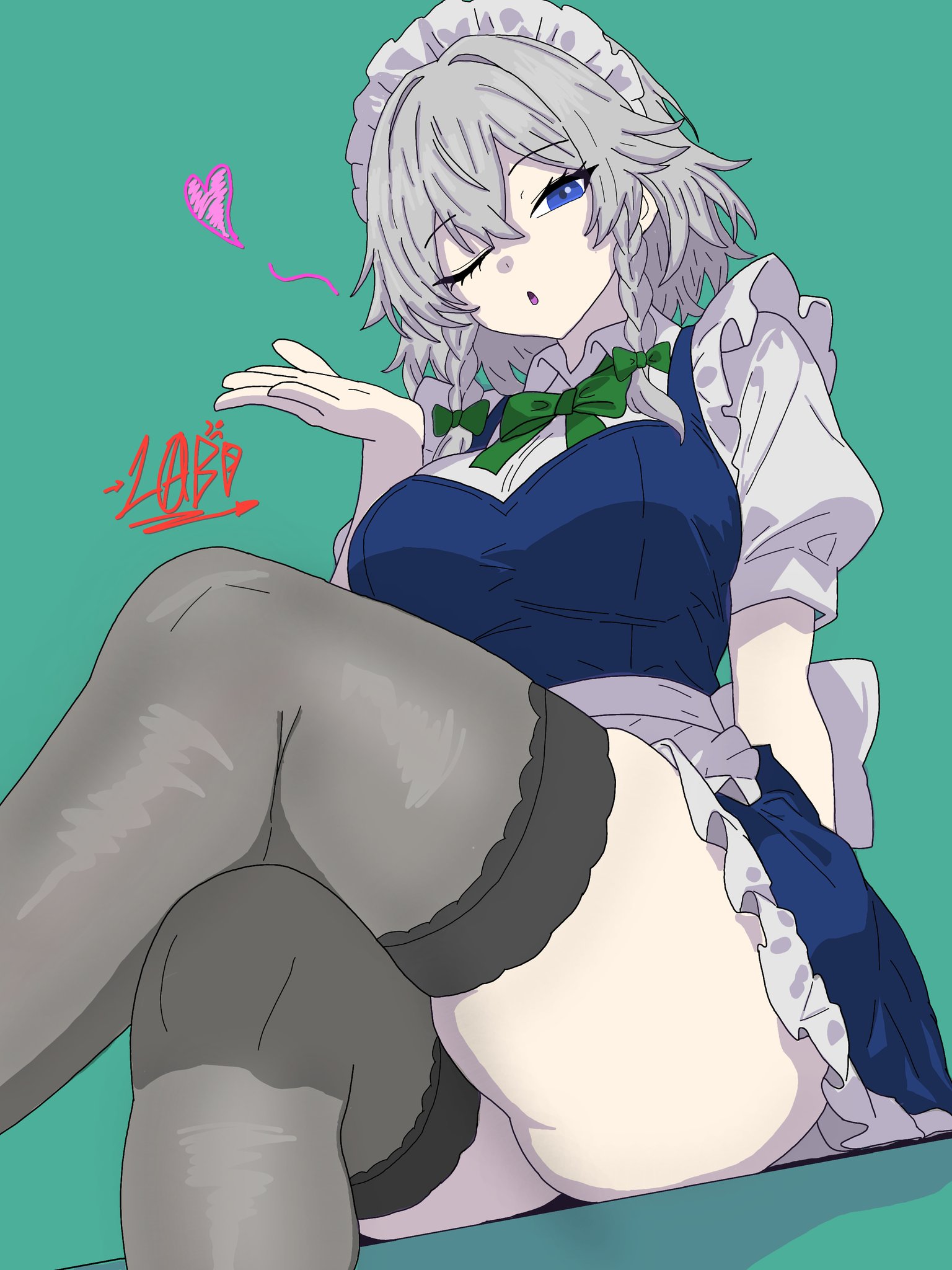 ;o, 1girls, ass, bare thighs, big ass, big breasts, blowing kiss, blue eyes, breasts, crossed legs, drawlab33t, female, female only, from below, heart, izayoi sakuya, large breasts, looking at viewer, looking down, maid, maid outfit, maid uniform, one eye closed, open mouth, sakuya izayoi, skindentation, stockings, teasing, thick thighs, thighs, touhou, uniform, wink