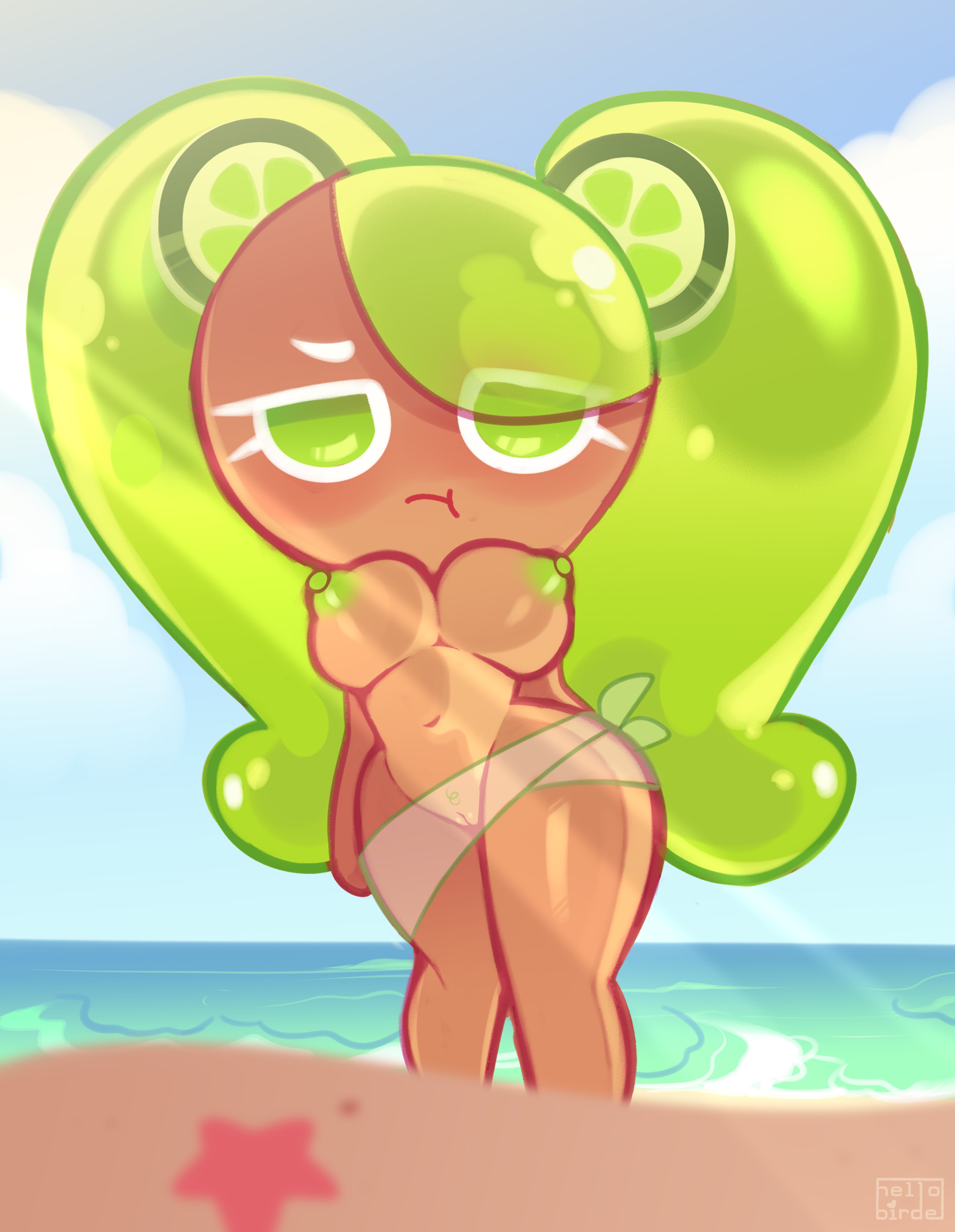 :t, 1girls, beach, big breasts, blush, cookie run, cookie run kingdom, cookie run ovenbreak, cute, female, green eyes, green hair, green nipples, hellobirde, lime cookie, long hair, nipples, nude, nude female, pussy, tagme, twintails, water